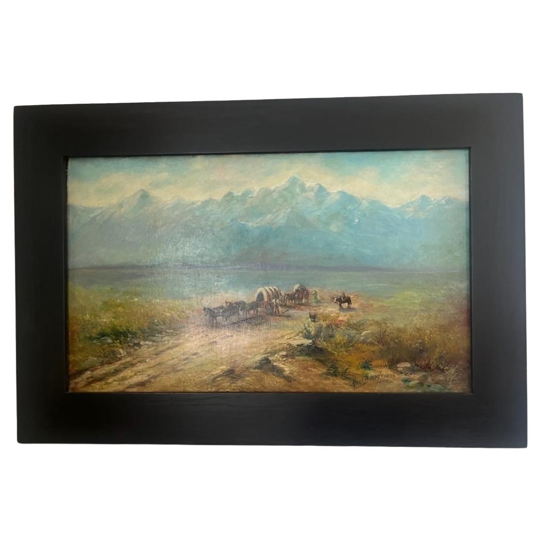 Peinture à l'huile sur carton du 19e siècle représentant des wagons sur la piste poussiéreuse