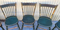19Thc Origin. Green Paint & Mustard Stripe Thumb Back Windsor Chairs Set of Five