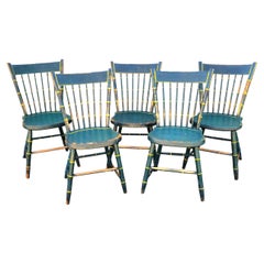 19Thc Origin. Green Paint & Mustard Stripe Thumb Back Windsor Chairs Set of Five