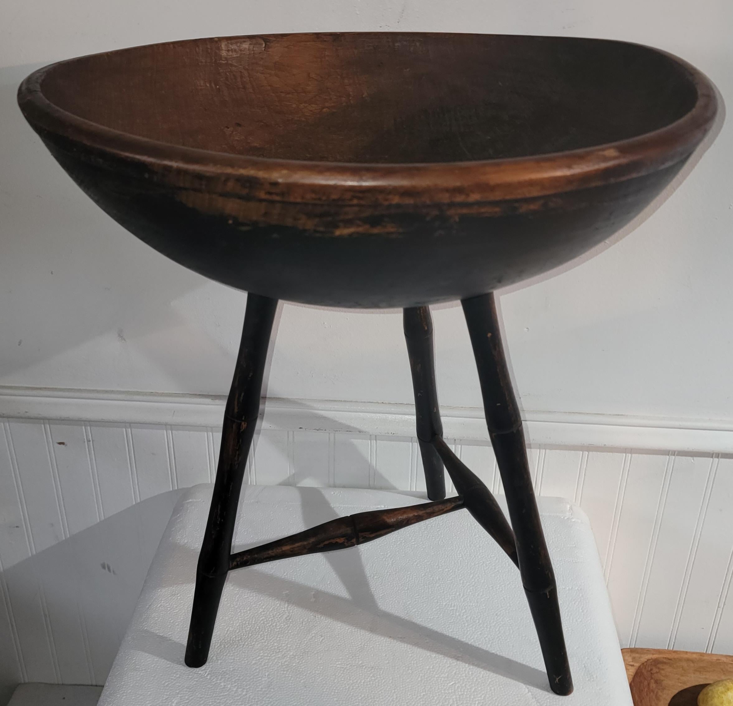 Adirondack 19th Century Original Black Painted Butter Bowl on Legs For Sale