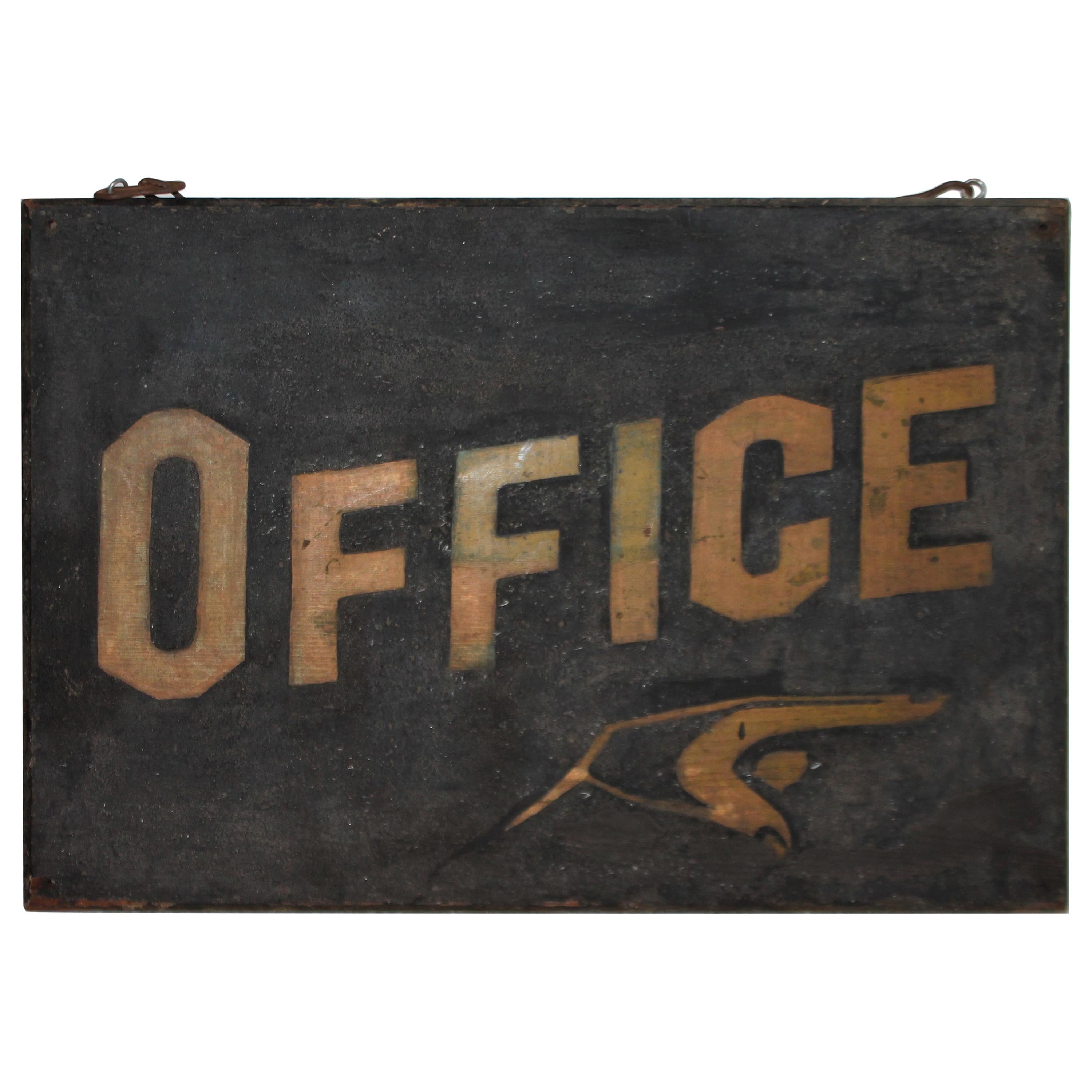 19th Century Original Black Sand Painted "Office" Sign from Maine