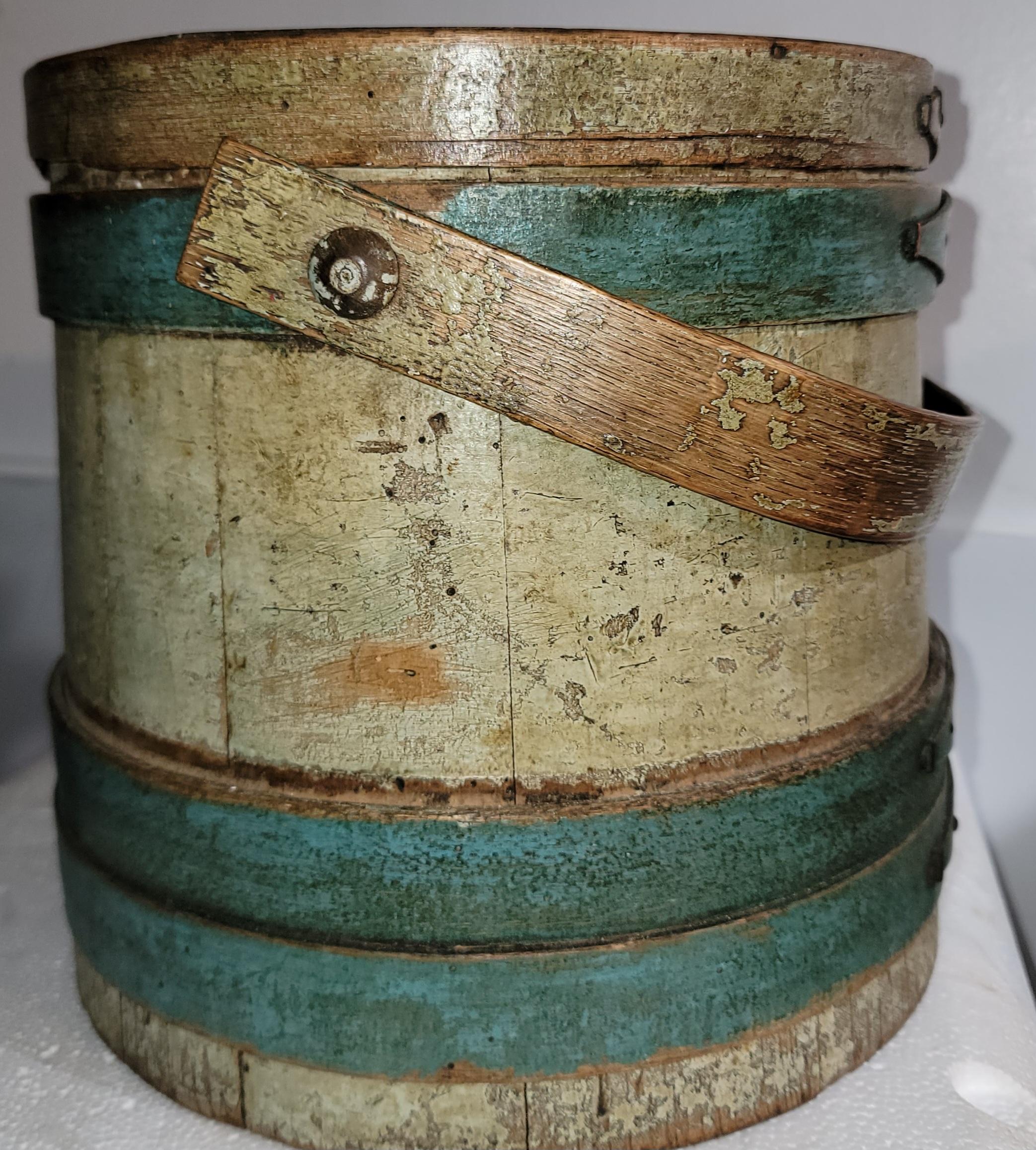 19thc Original painted striped blue & mustard painted furkin with the original painted lid.The condition is very good. This New England bucket has all original lid and copper nail construction.