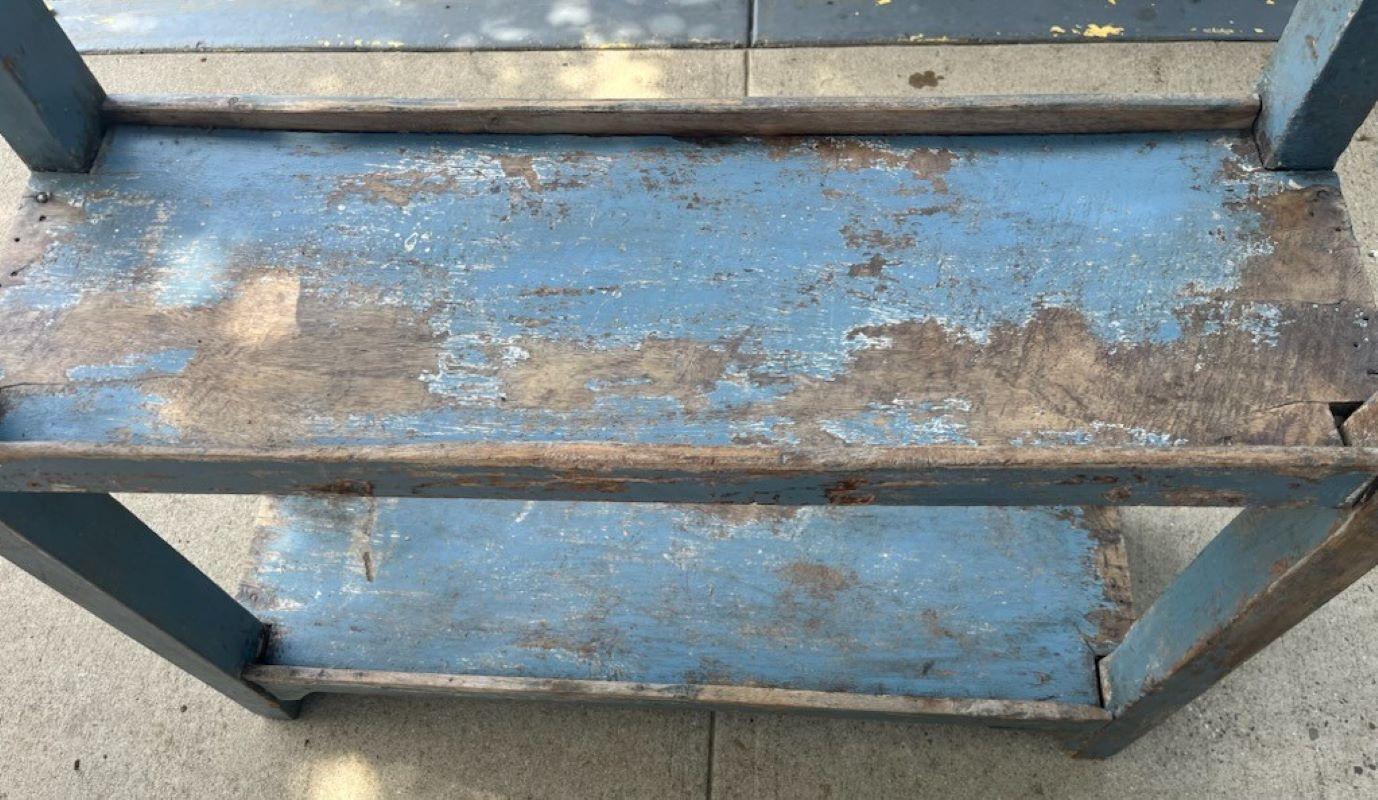 American 19thc Original Blue Painted Bucket Bench / Book Shelf For Sale