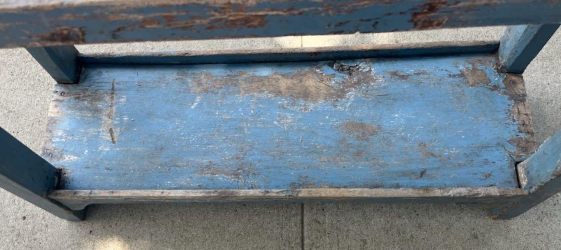 Hand-Crafted 19thc Original Blue Painted Bucket Bench / Book Shelf For Sale