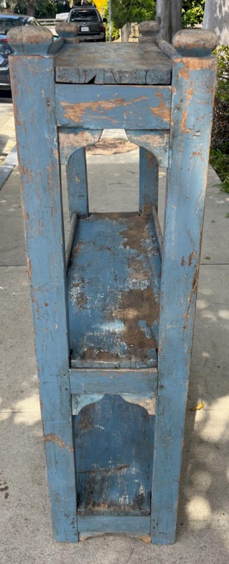 19th Century 19thc Original Blue Painted Bucket Bench / Book Shelf For Sale