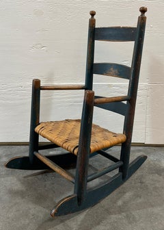 19thc Original Blue Painted Childs Rocker