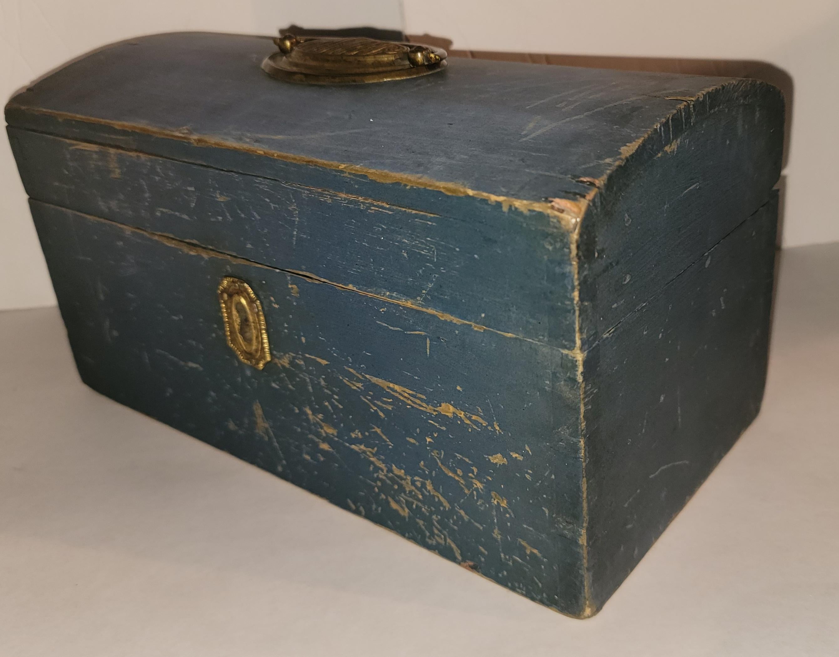 This amazing all original blue painted 19thc  document box with dovetailed construction and all original brass hardware.Found in a private estate in the midwest.