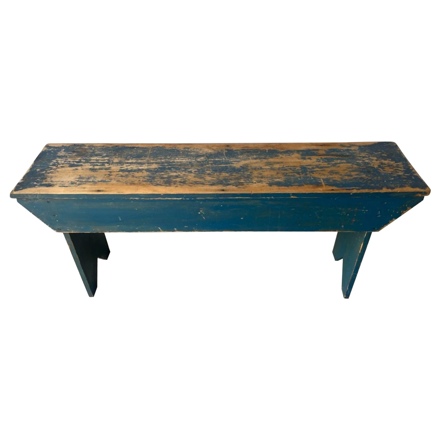 19Thc Original Blue Painted Farm House Bench