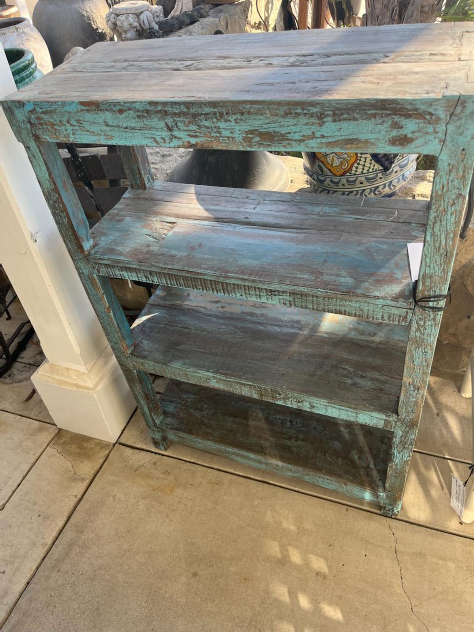 19thc original powder blue painted surface shelving or farm bucket bench.This southern folk art shelf is in great sturdy condition.