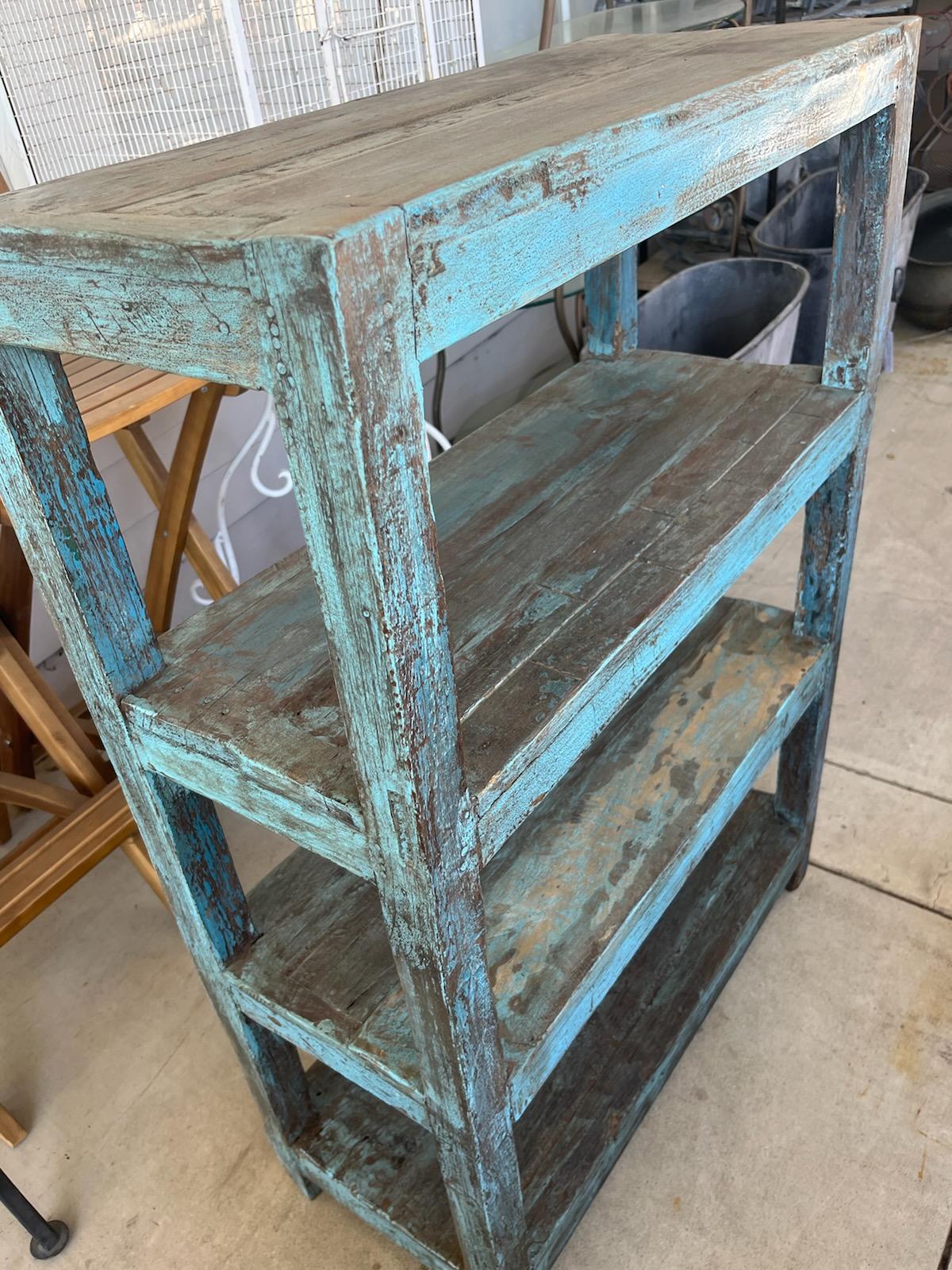 19Thc Original Blue Painted  Folky Bucket Bench / Shelf In Good Condition For Sale In Los Angeles, CA