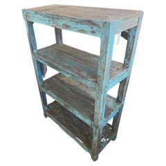 Used 19Thc Original Blue Painted  Folky Bucket Bench / Shelf