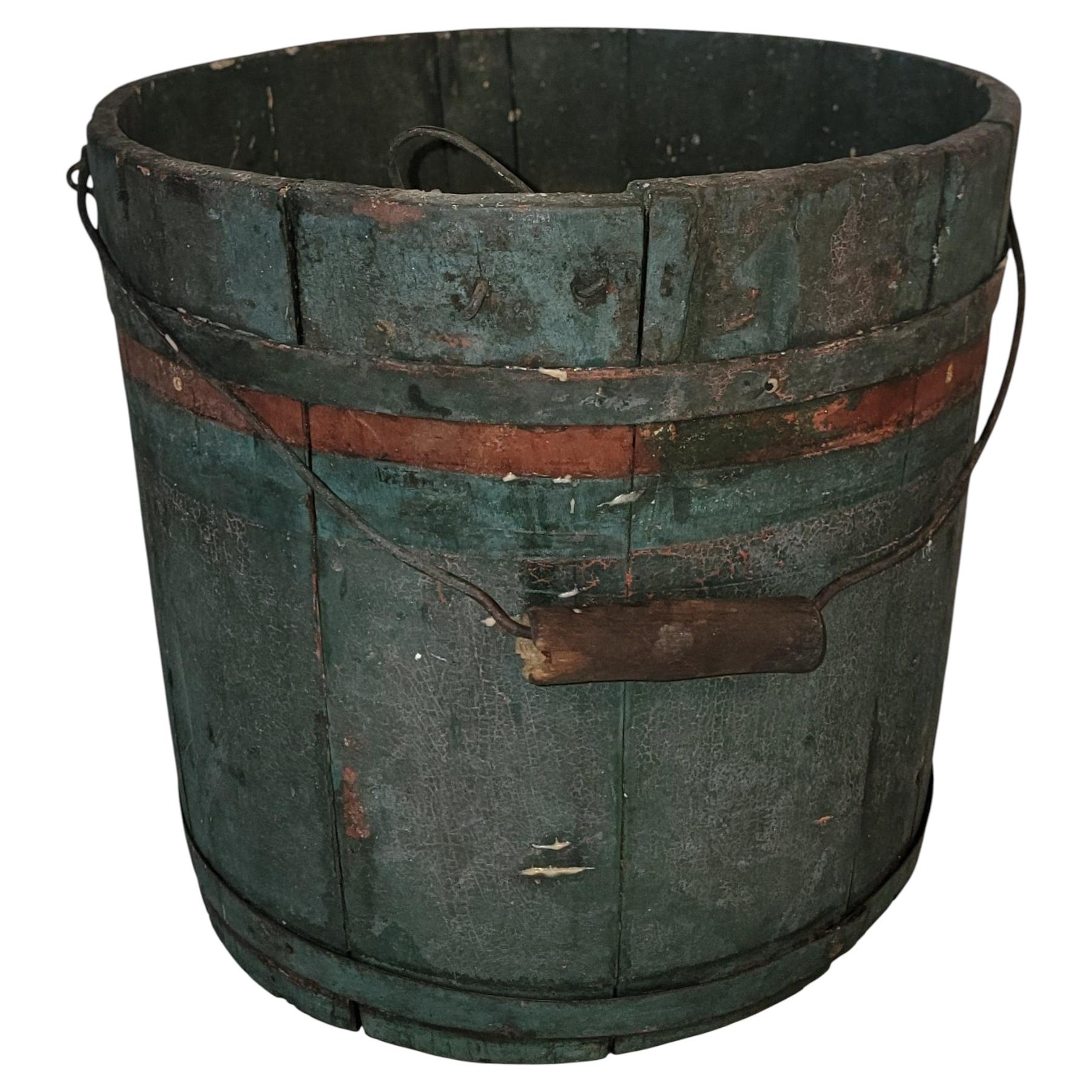 19Thc Original Blue Painted Handled Sap Bucket