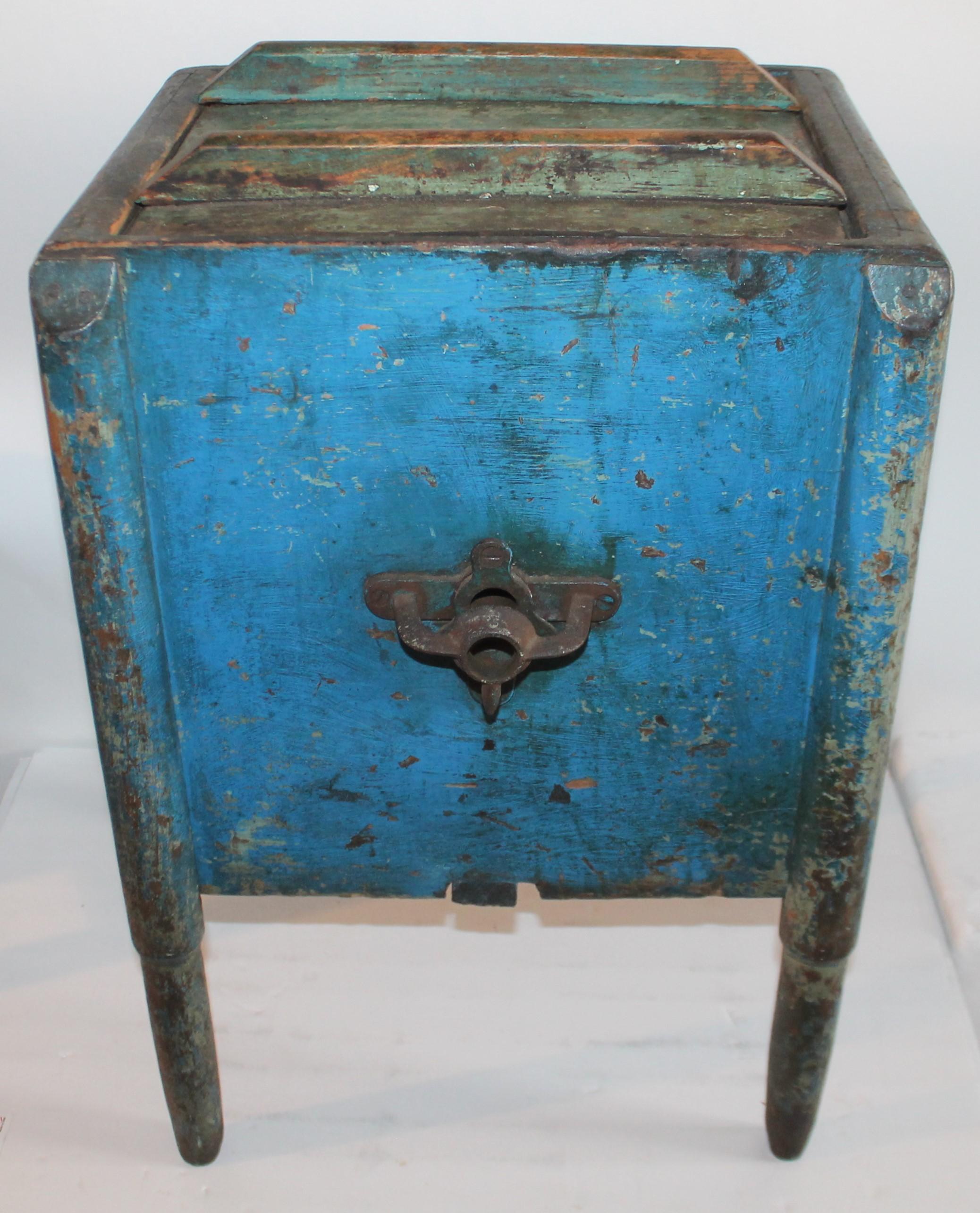 Country 19th Century Original Blue Painted Side Table / Churn