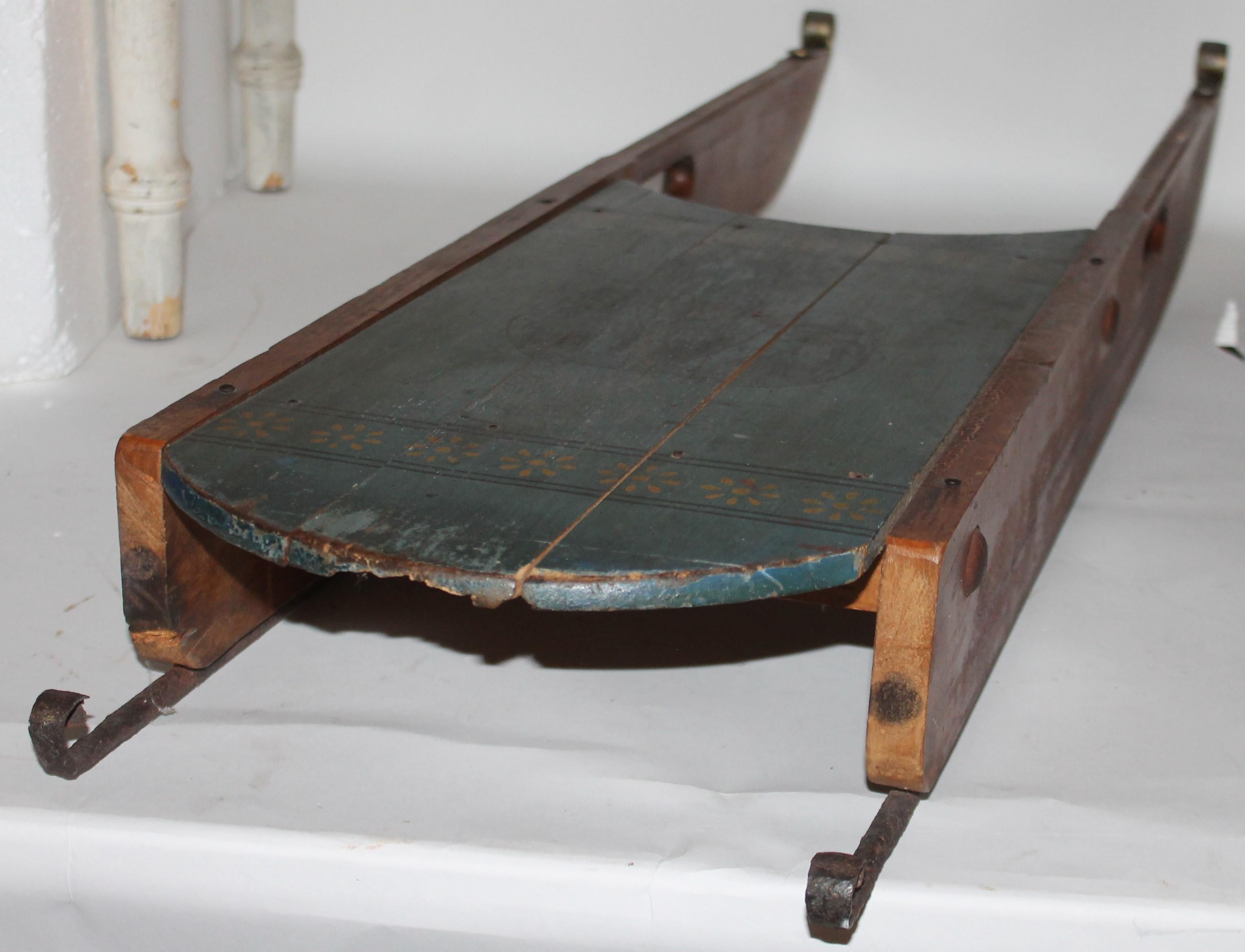 Wood 19th Century Original Blue Painted Sled with Pugs For Sale