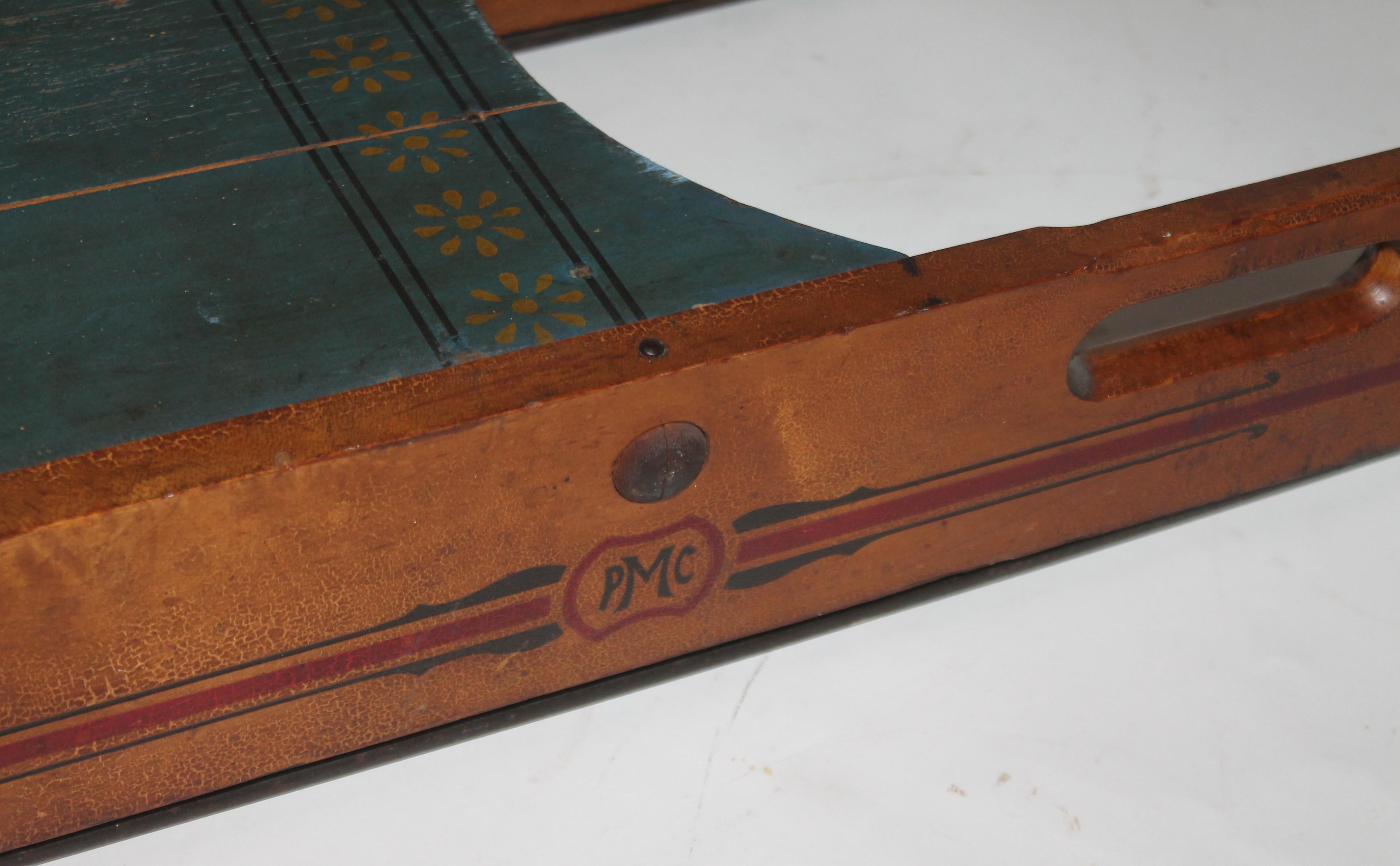 19th Century Original Blue Painted Sled with Pugs For Sale 1
