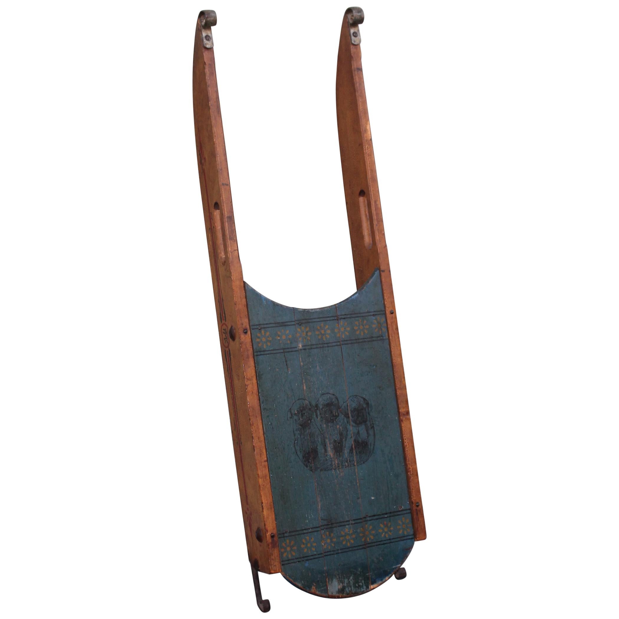 19th Century Original Blue Painted Sled with Pugs For Sale