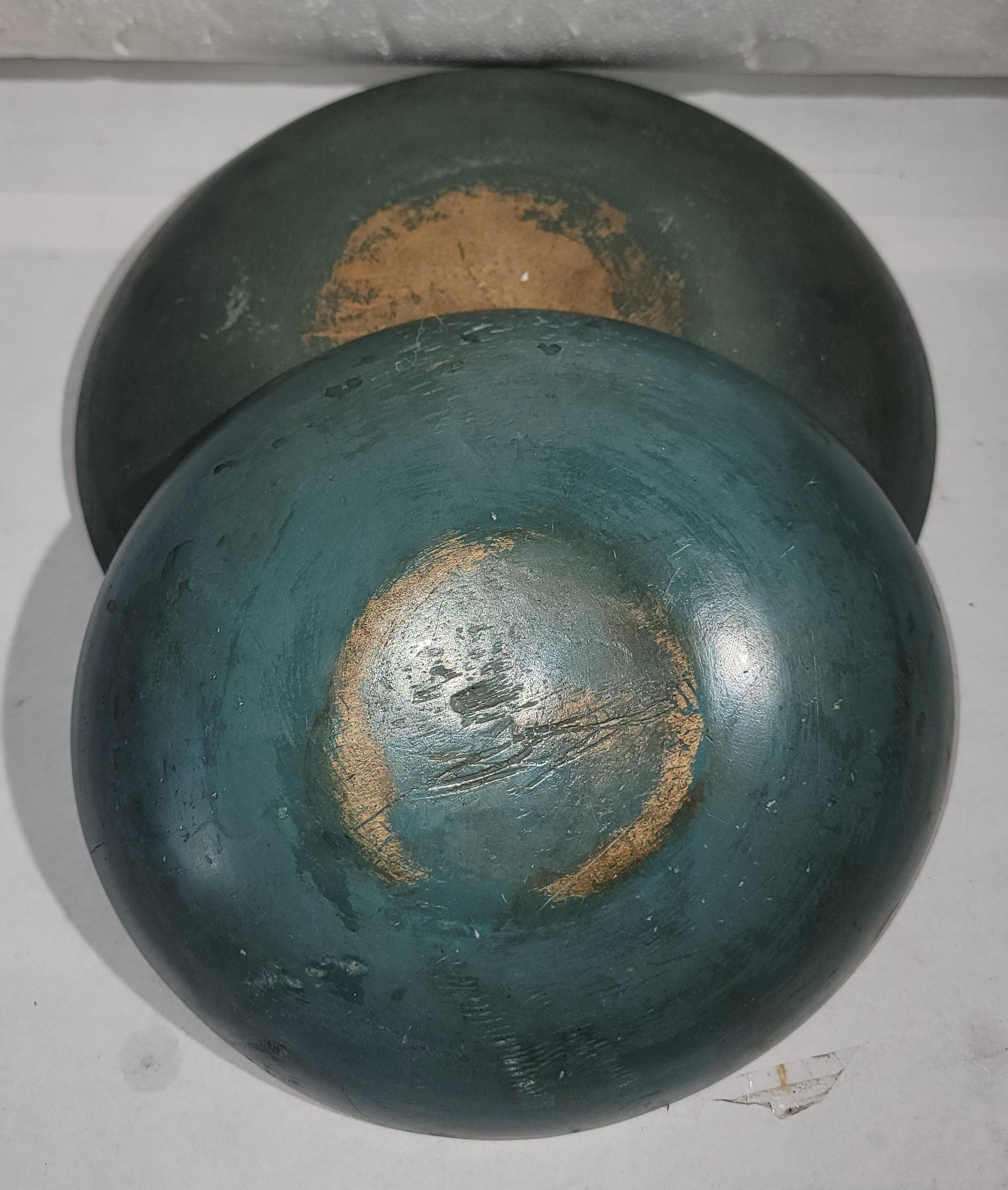 19Thc Original blue painted dough or butter bowls with amazing surface.They have been waxed so there is a bit of shine to them. Sold as a pair.