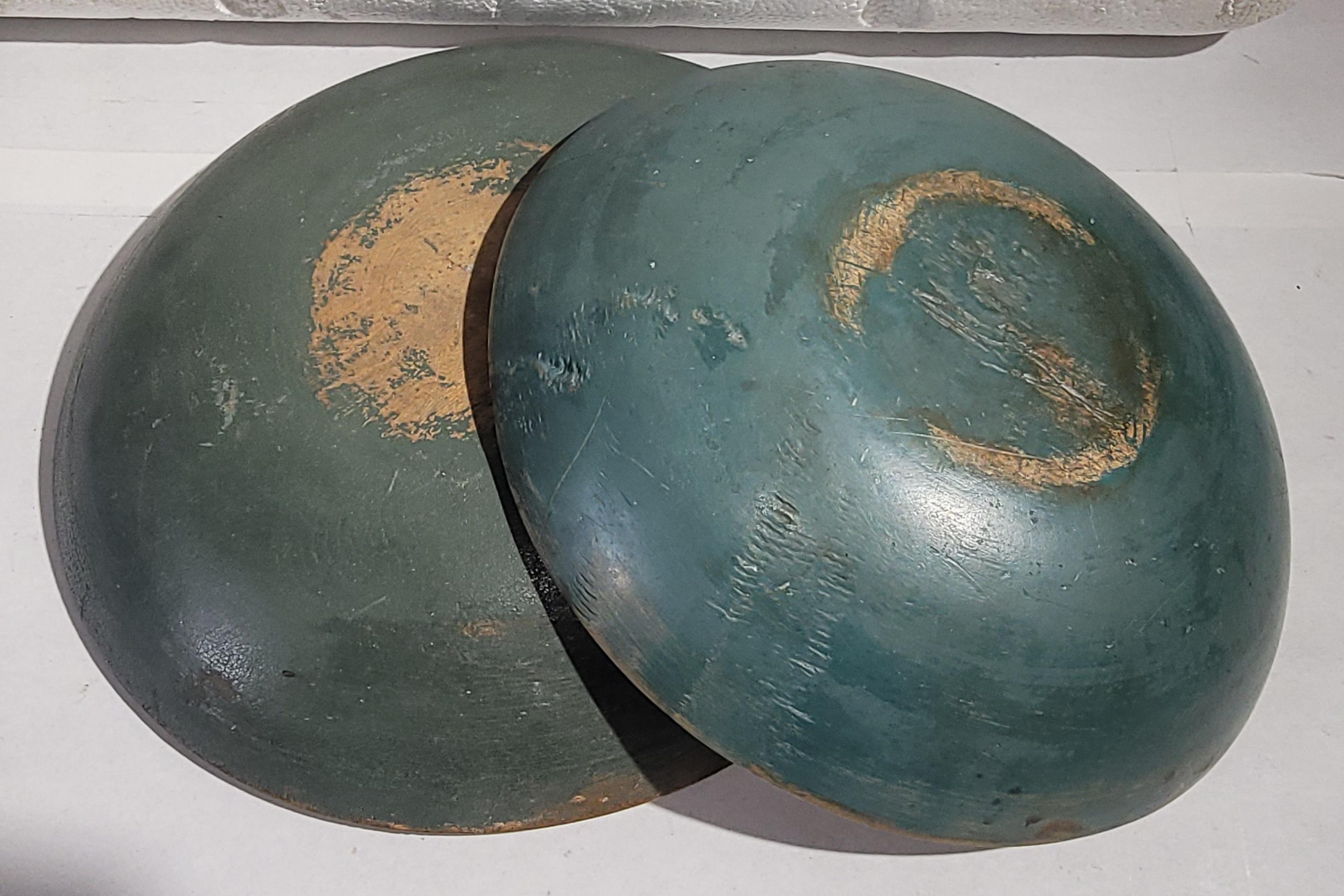 Adirondack 19Thc Original Blue Painted  Small Wood Bowls -Pair For Sale