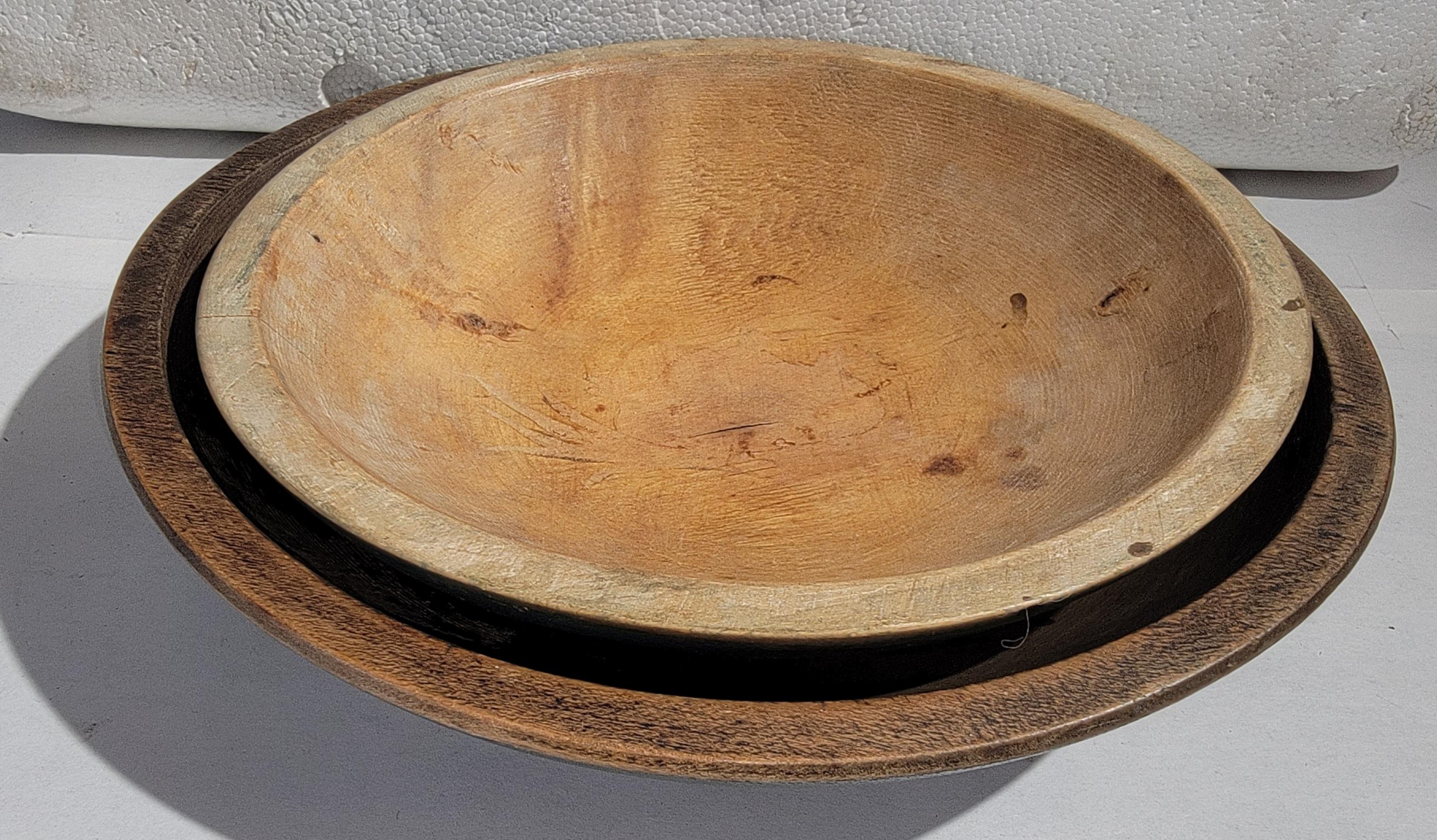 Hand-Crafted 19Thc Original Blue Painted  Small Wood Bowls -Pair For Sale