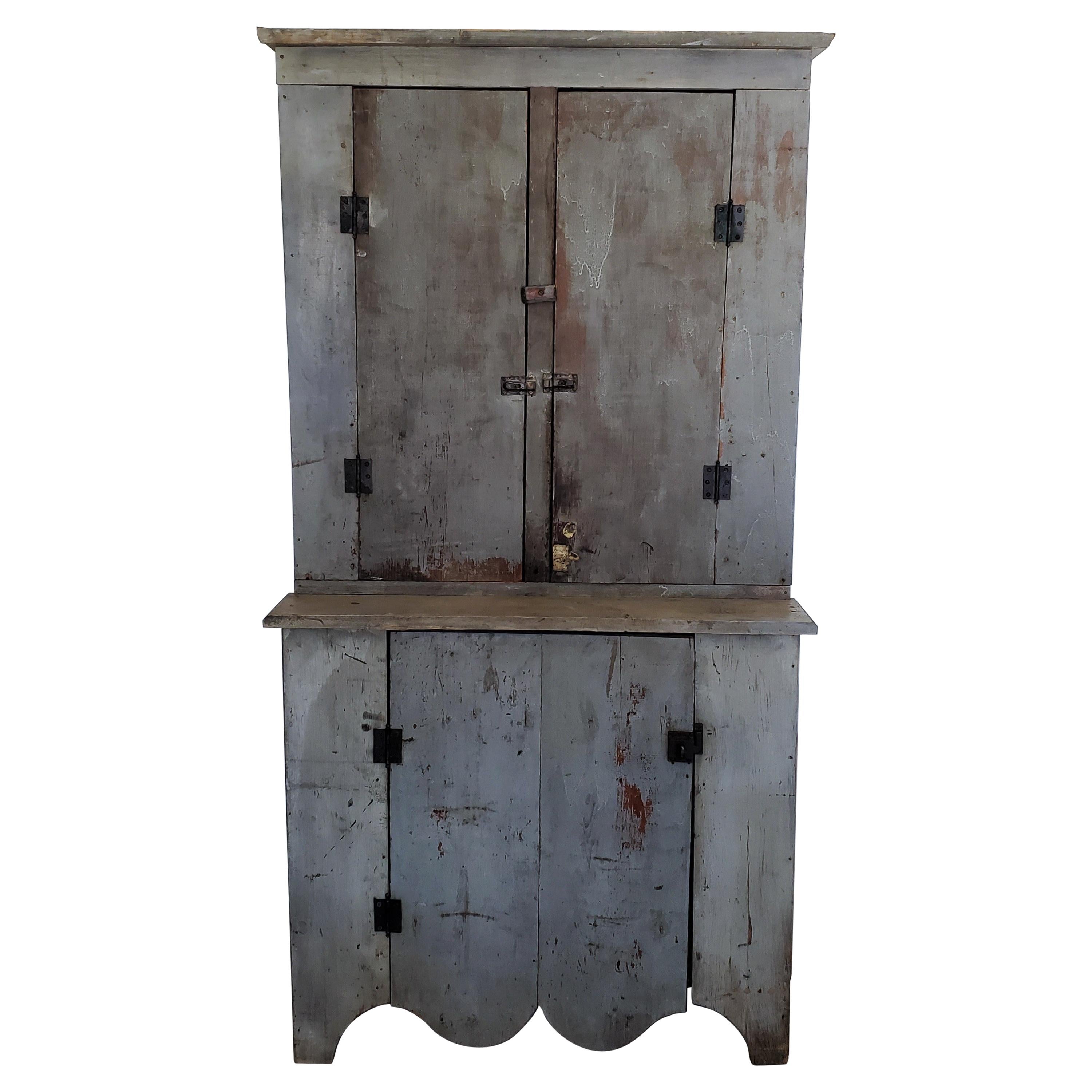 19thc Original Blue Painted Wall Cupboard