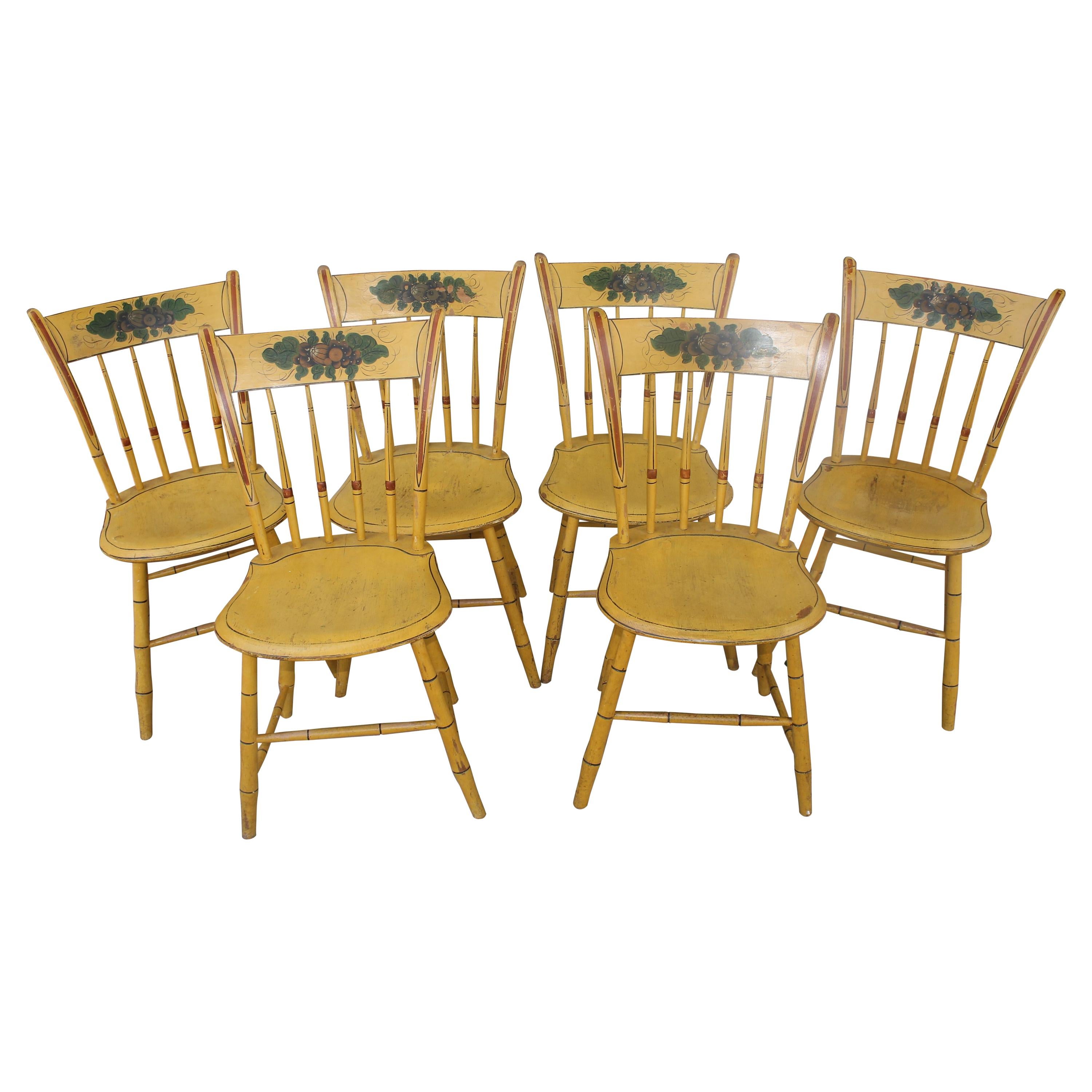 19thc Original Chrome Yellow New England Windsor Chairs, 6