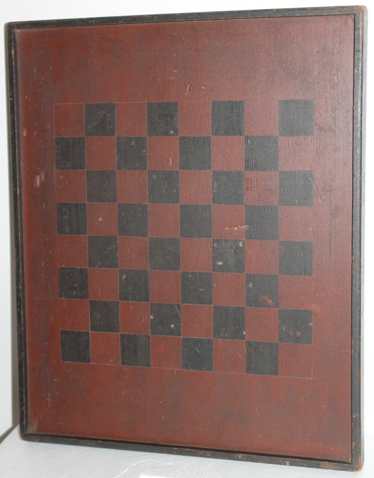 19thc Original painted checker board and parchese backing. This original painted and square nail construction.