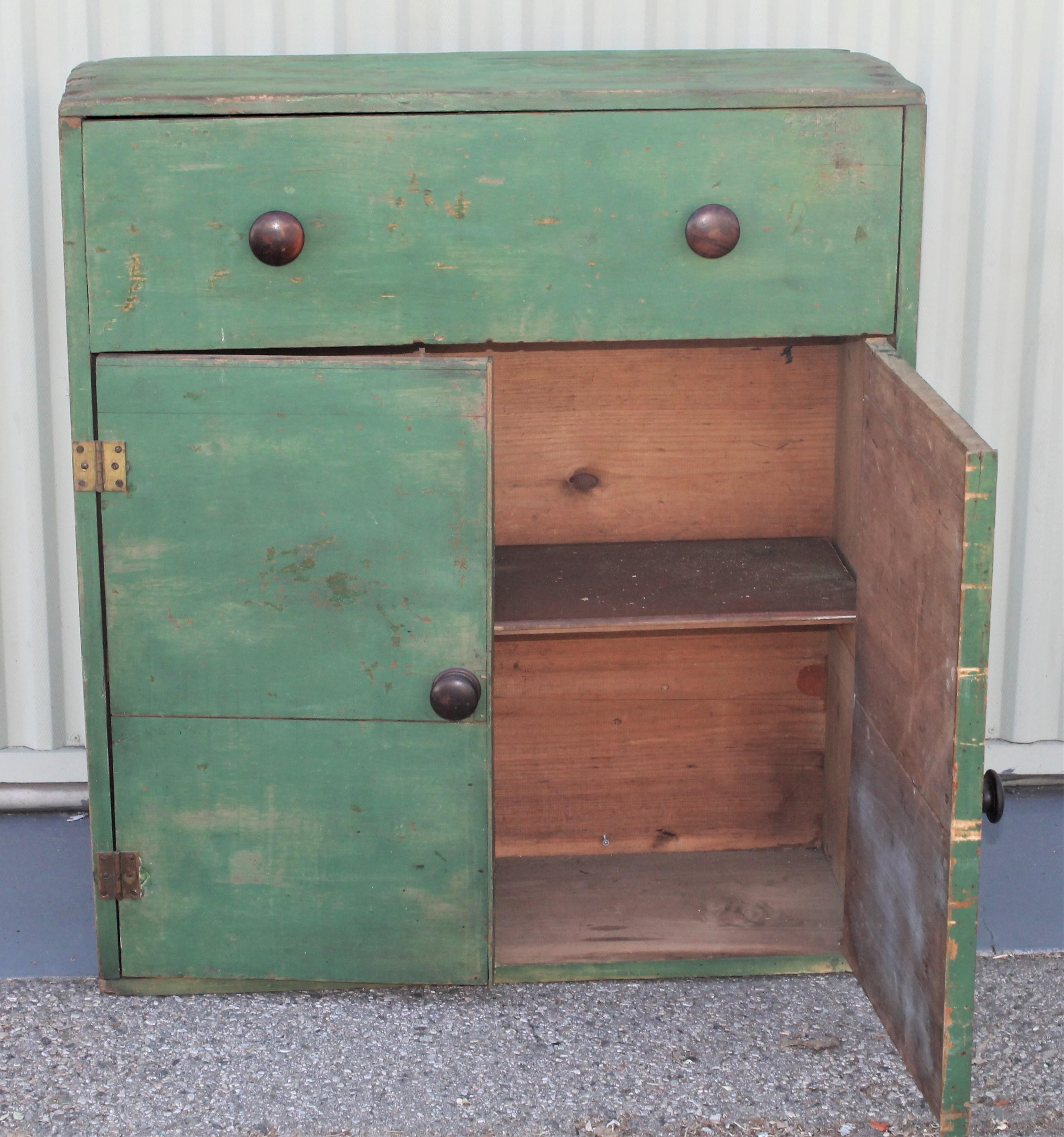 Wood 19th Century Original Green Painted Two-Door Cabinet from Pennsylvania