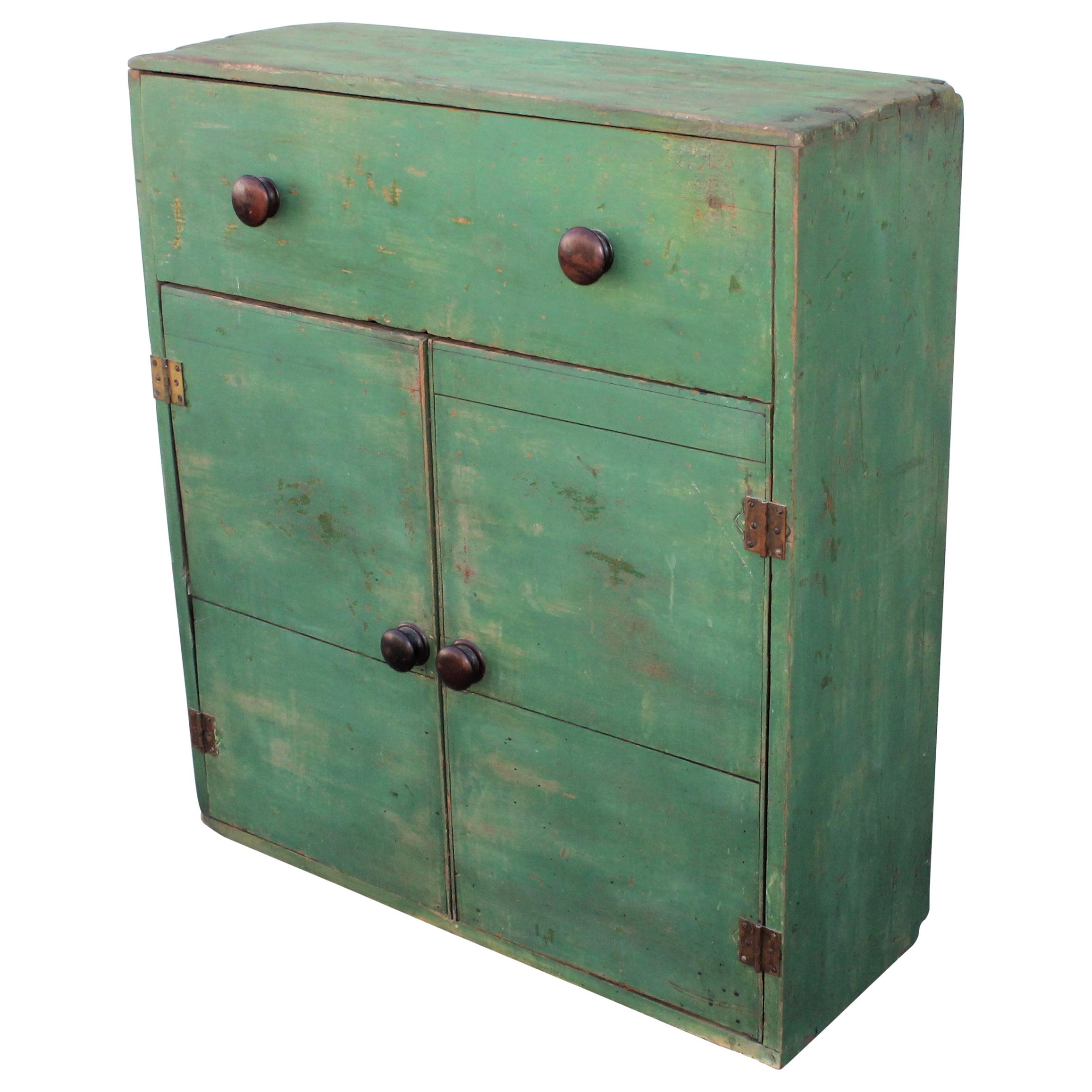 19th Century Original Green Painted Two-Door Cabinet from Pennsylvania