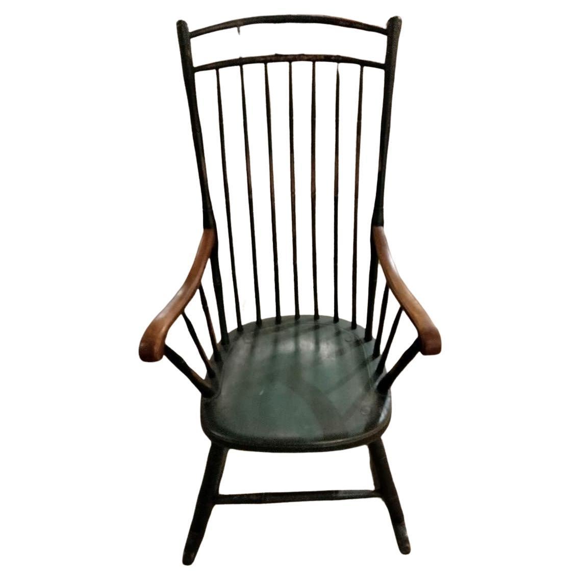 Chaise à bascule Windsor originale peinte en vert du 19e siècle