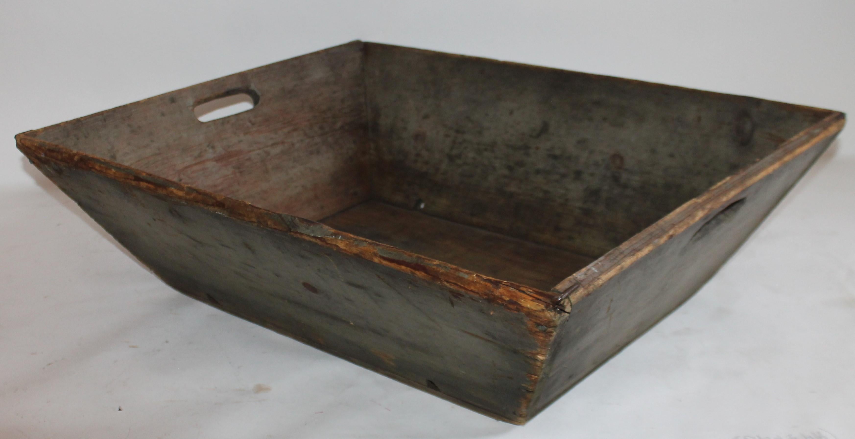 19th century original grey painted and double handled dough try or cow trough. Great center piece for a farm table.