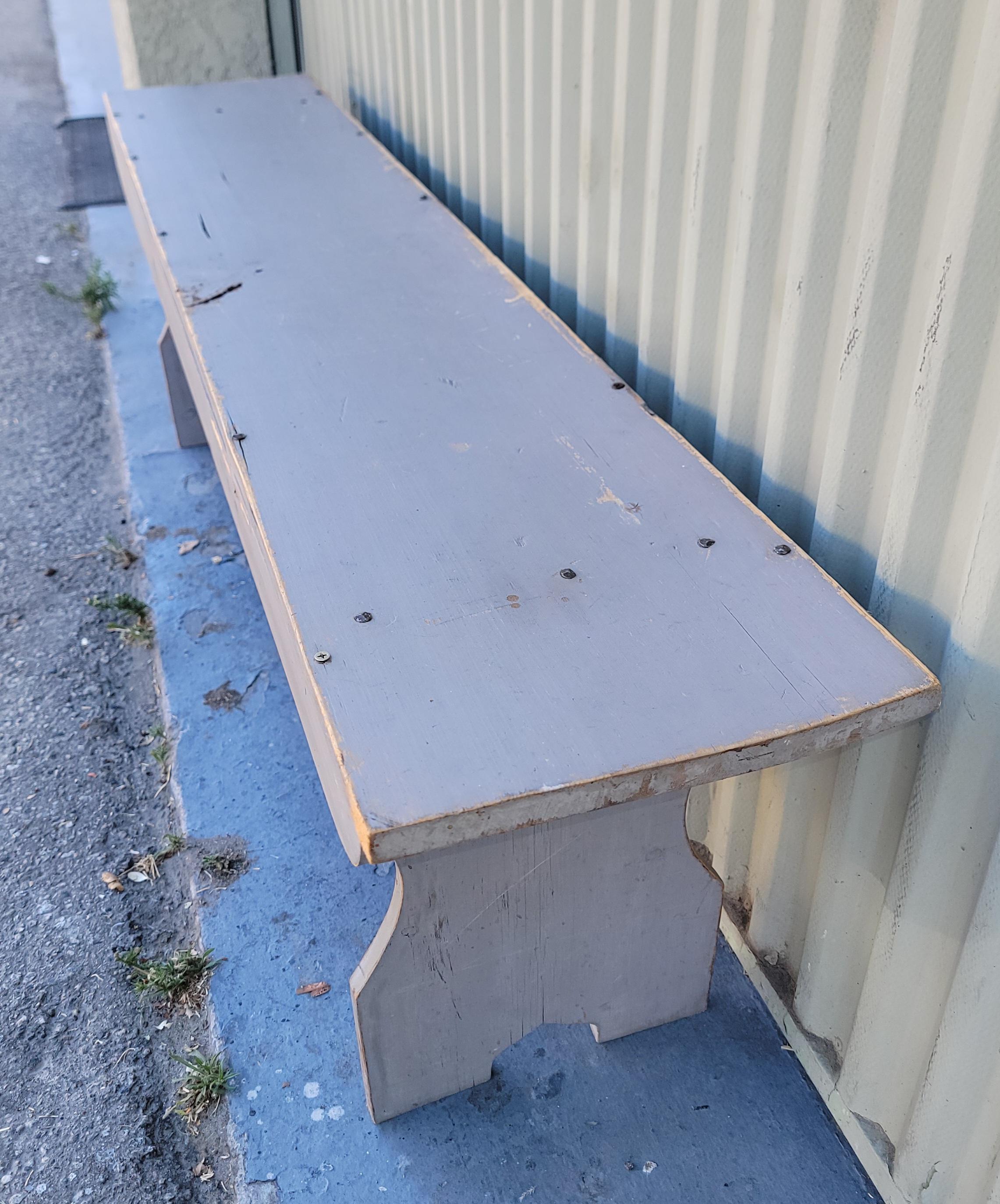 19Thc Original grey painted farm bench with rose head nails & cut nails.This fine sturdy bench has wonderful simple lines.