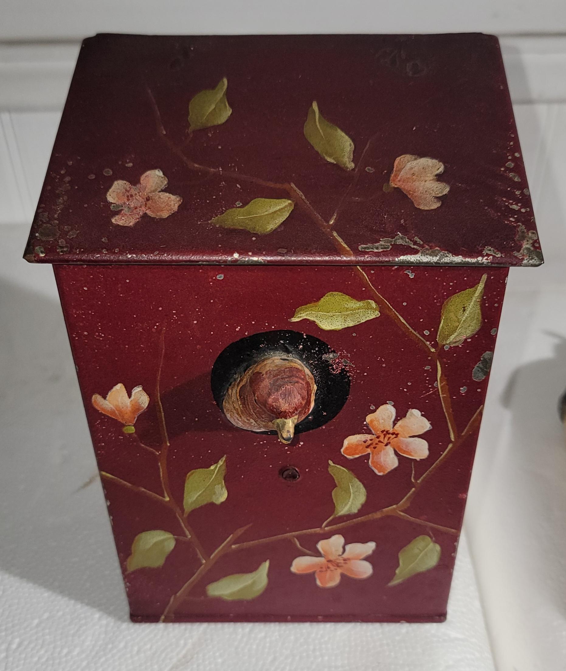 19th Century 19Thc Original Hand Painted Tole Box w/ Bird For Sale