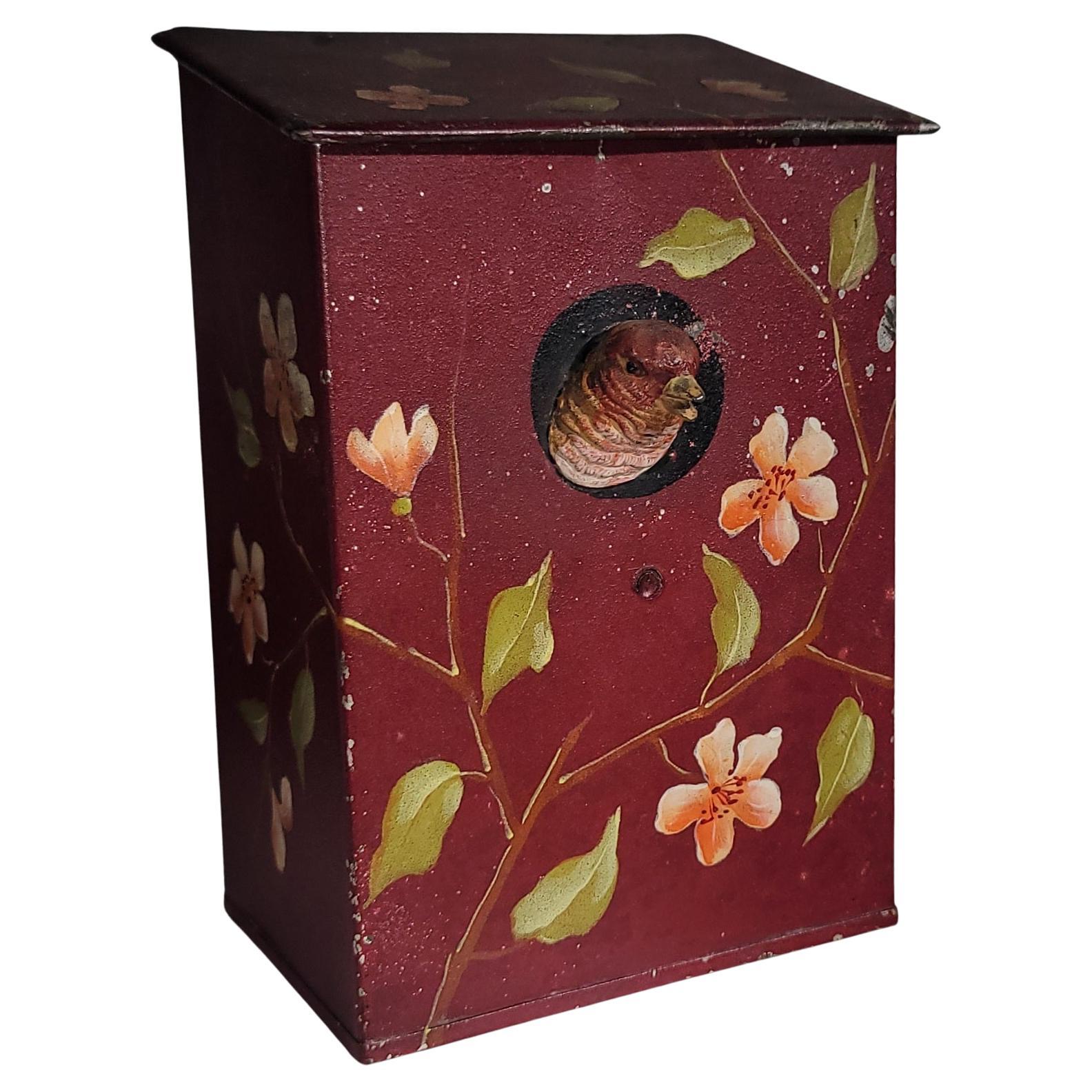 19Thc Original Hand Painted Tole Box w/ Bird For Sale
