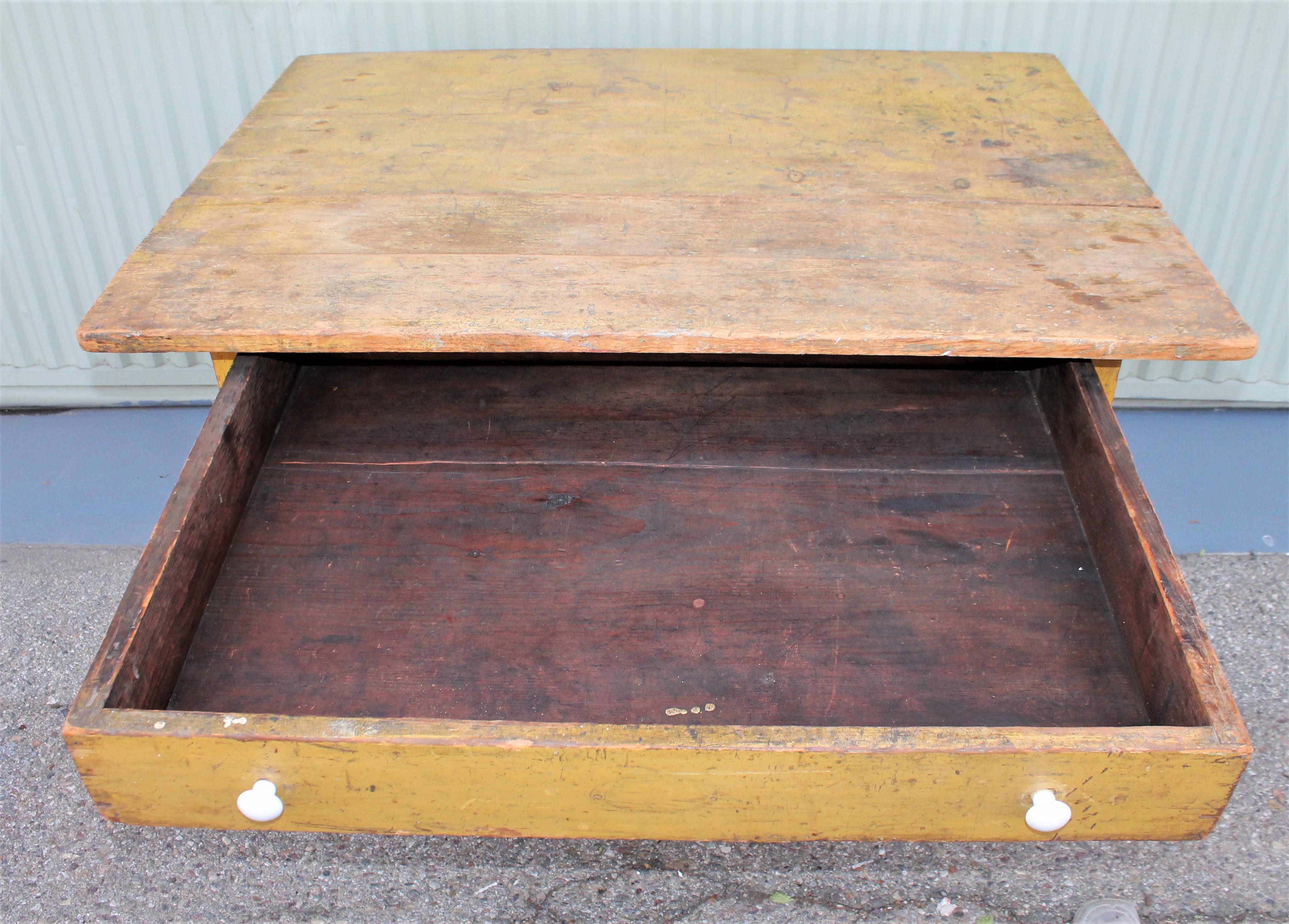 Hand-Crafted 19th Century Original Mustard Painted Farm Table