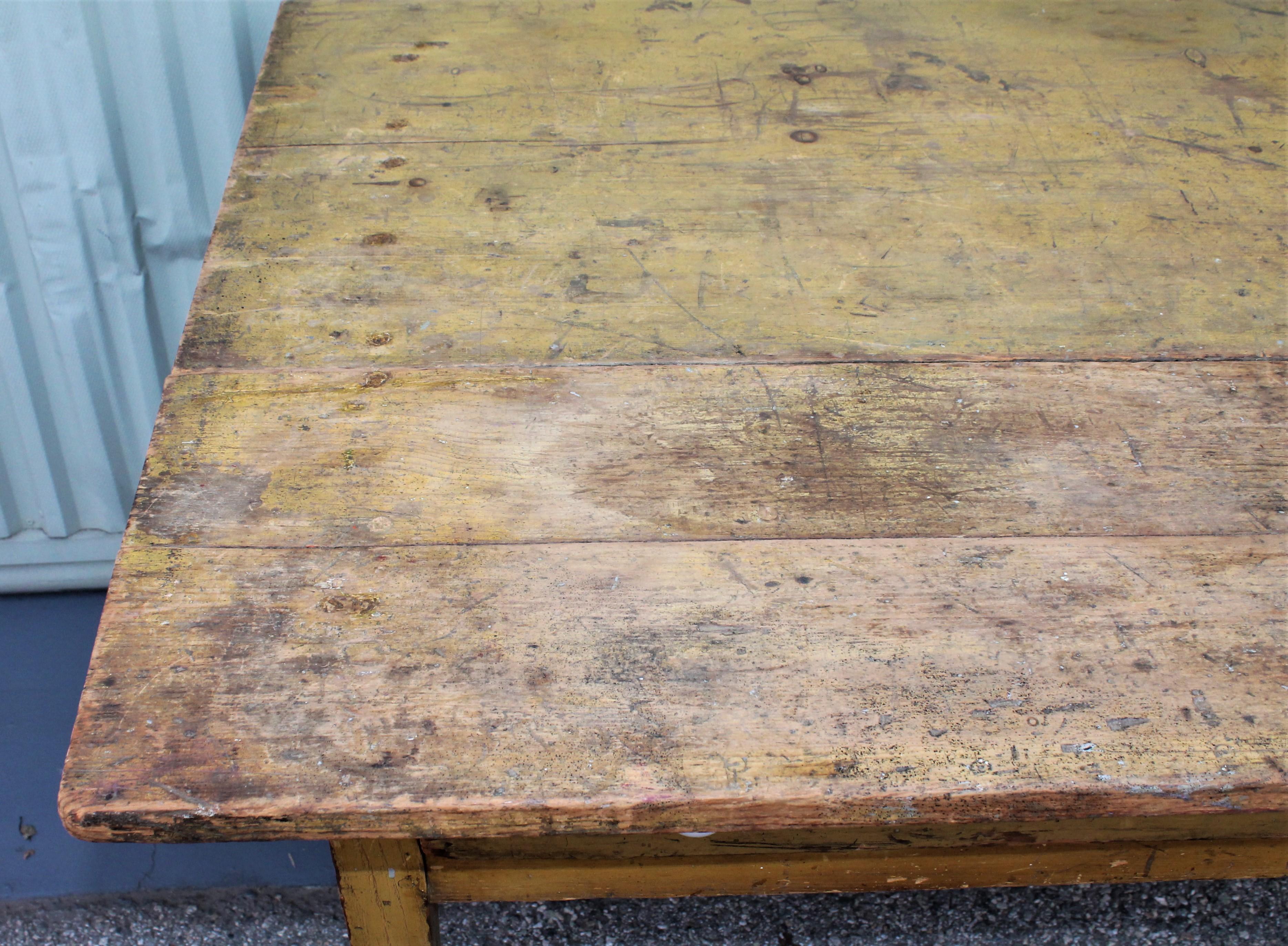 19th Century Original Mustard Painted Farm Table In Distressed Condition In Los Angeles, CA