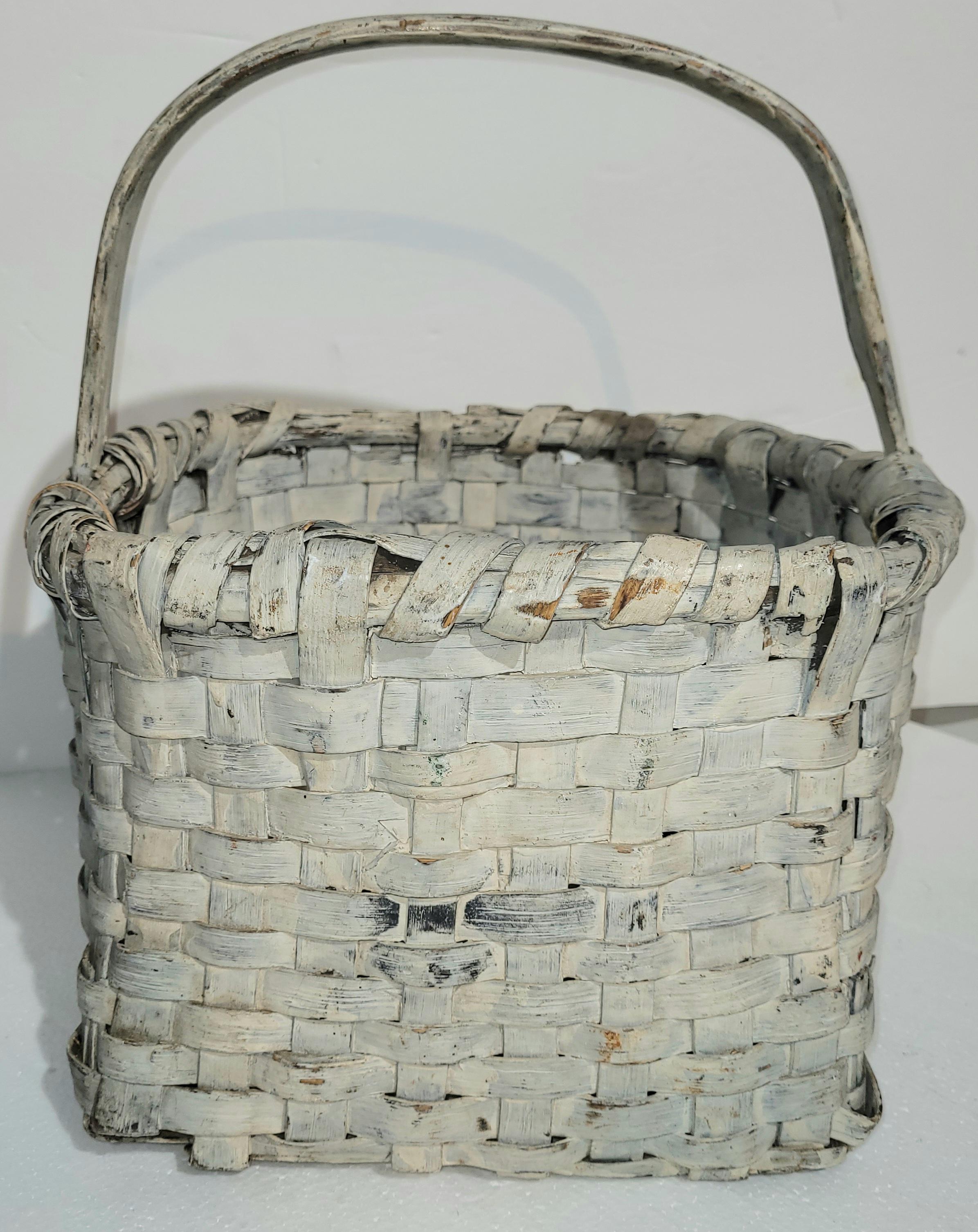American 19Thc Original Oyster Painted Handled Basket For Sale
