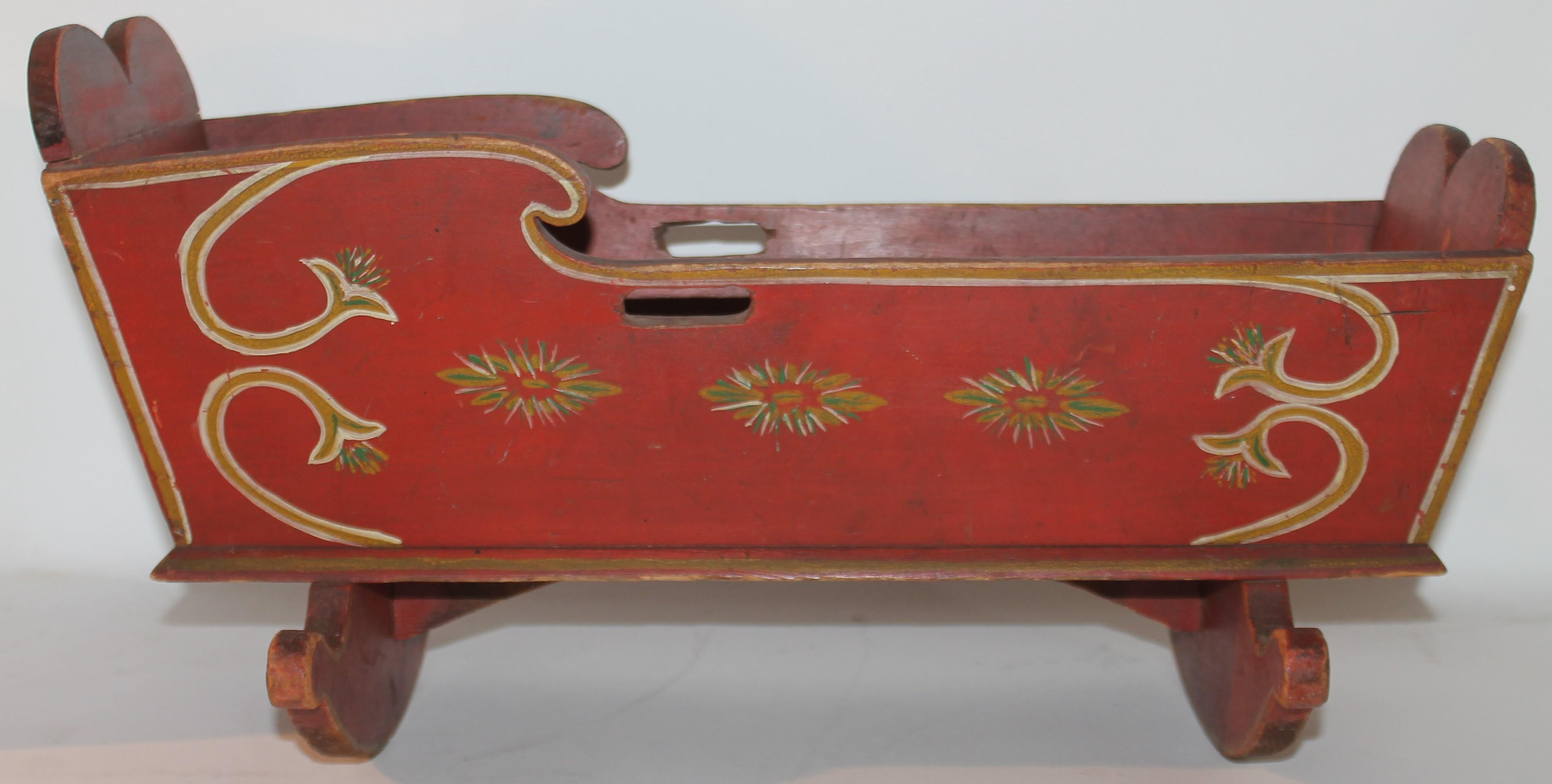 Adirondack 19thc Original Paint Decorated Pennsylvania Doll Cradle For Sale