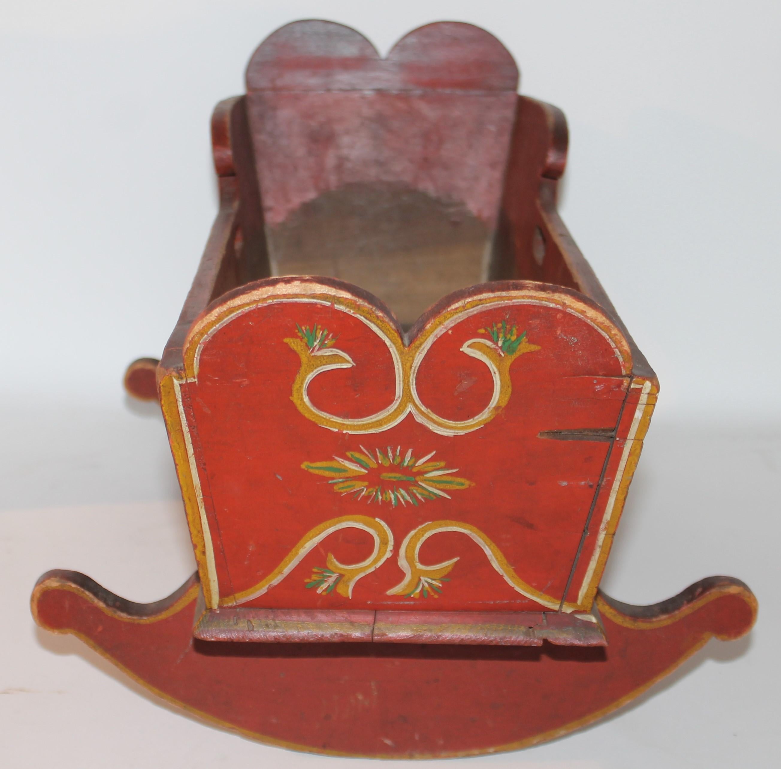 Painted 19thc Original Paint Decorated Pennsylvania Doll Cradle For Sale