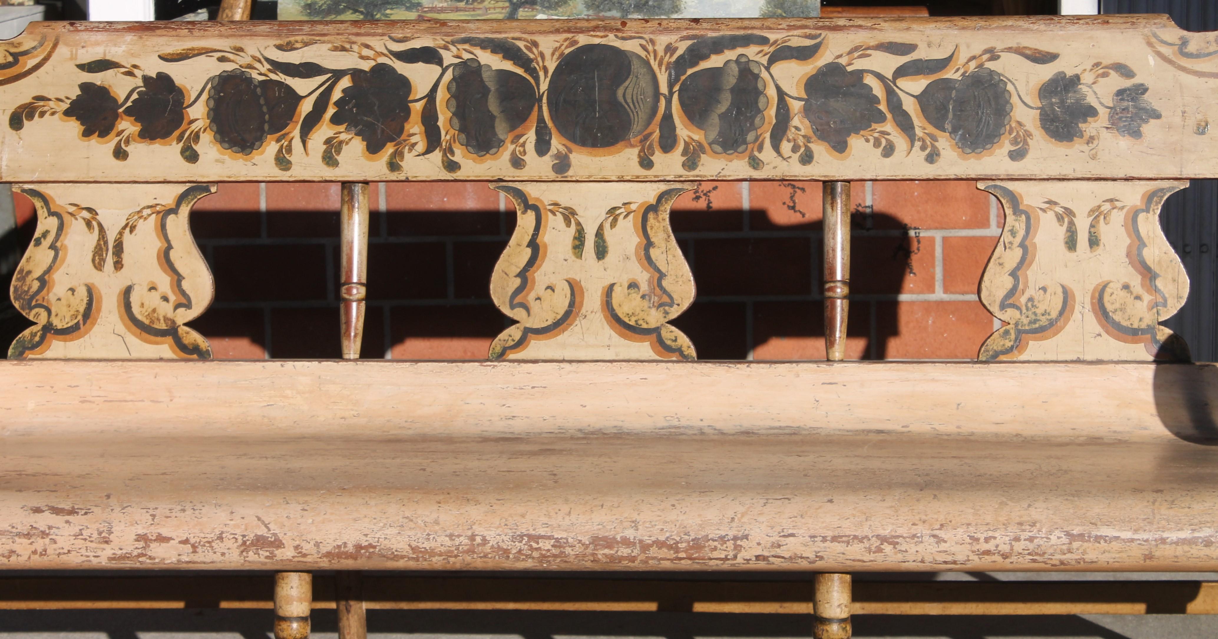 This amazing all original paint decorated New England settle / bench is in fantastic condition and very sturdy. These pomegranate painted fruit are on a salmon painted back round base,The undisturbed surface is just simply amazing and quite