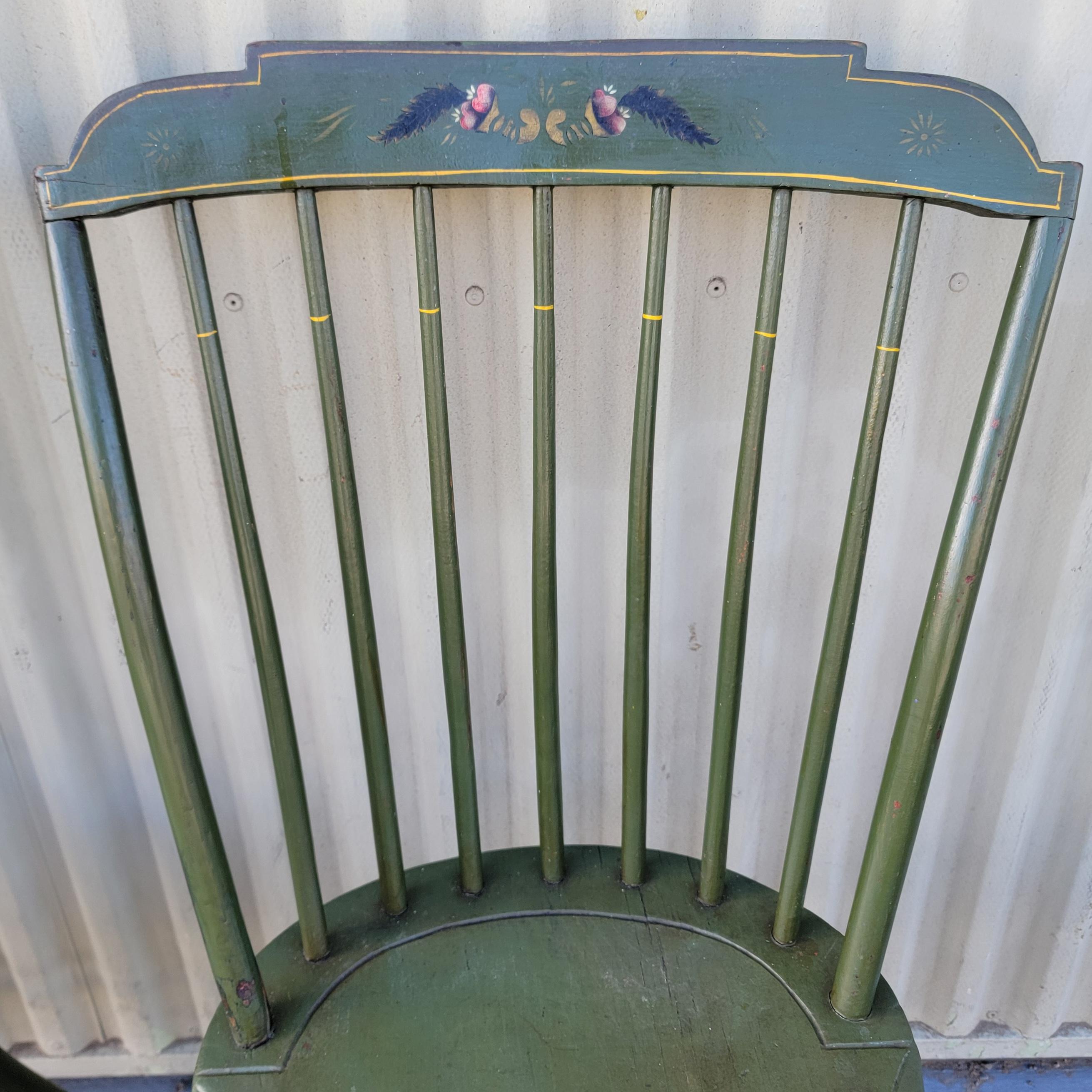 19Thc Original sour apple green painted step down New England Windsor chairs in fine condition.The chairs have fine little floral design on the top splash of each chair. All chairs are in fine & sturdy  condition.