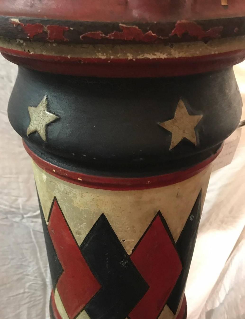 Original James Barker Foundry barber pole. This pole was manufactured in Philadelphia, Pennsylvania to coincide with the American Revolution centennial. This pole is cast iron and was made before porcelain coatings were used. Hallow brass tubes