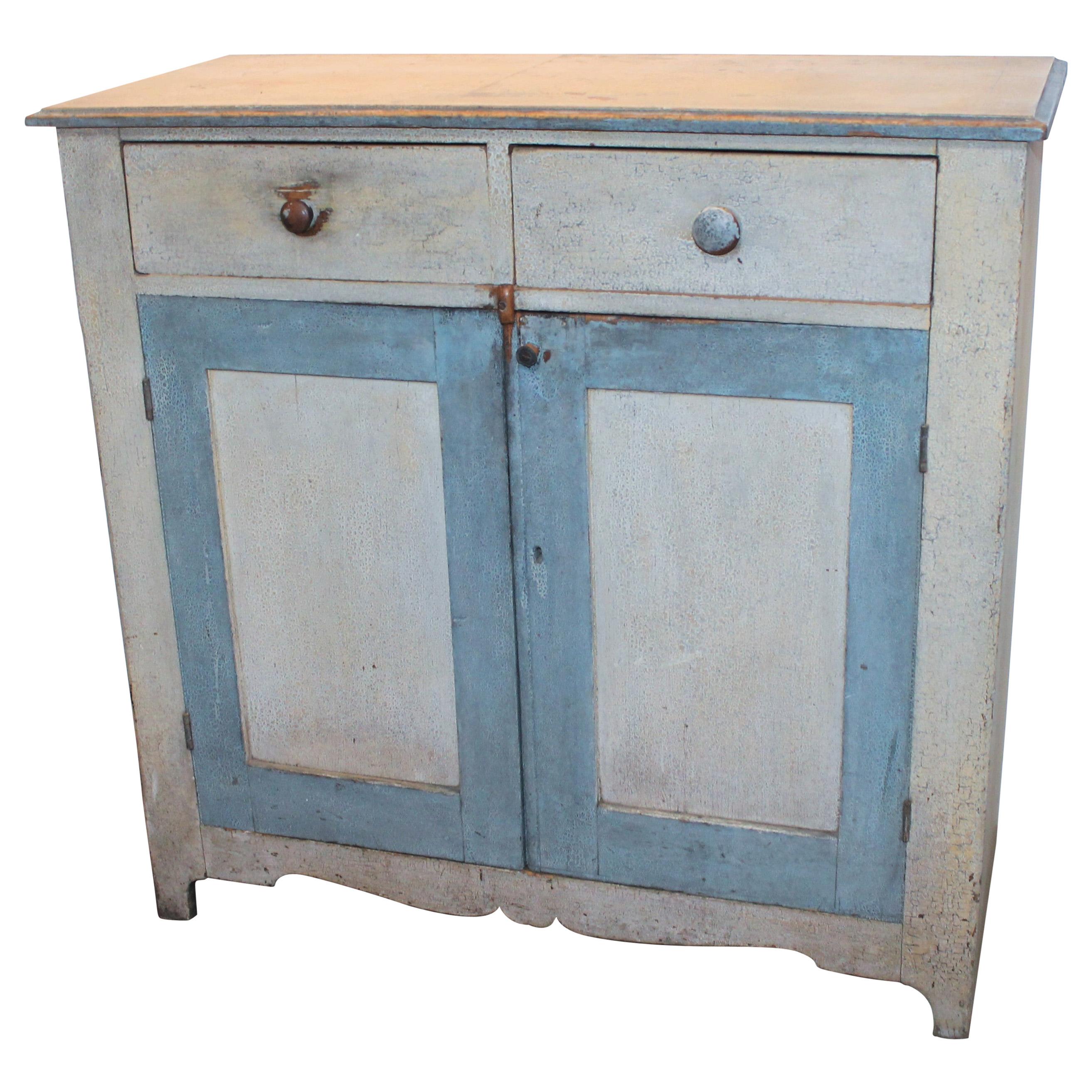 19th Century Original Painted Blue & White Jelly Cupboard