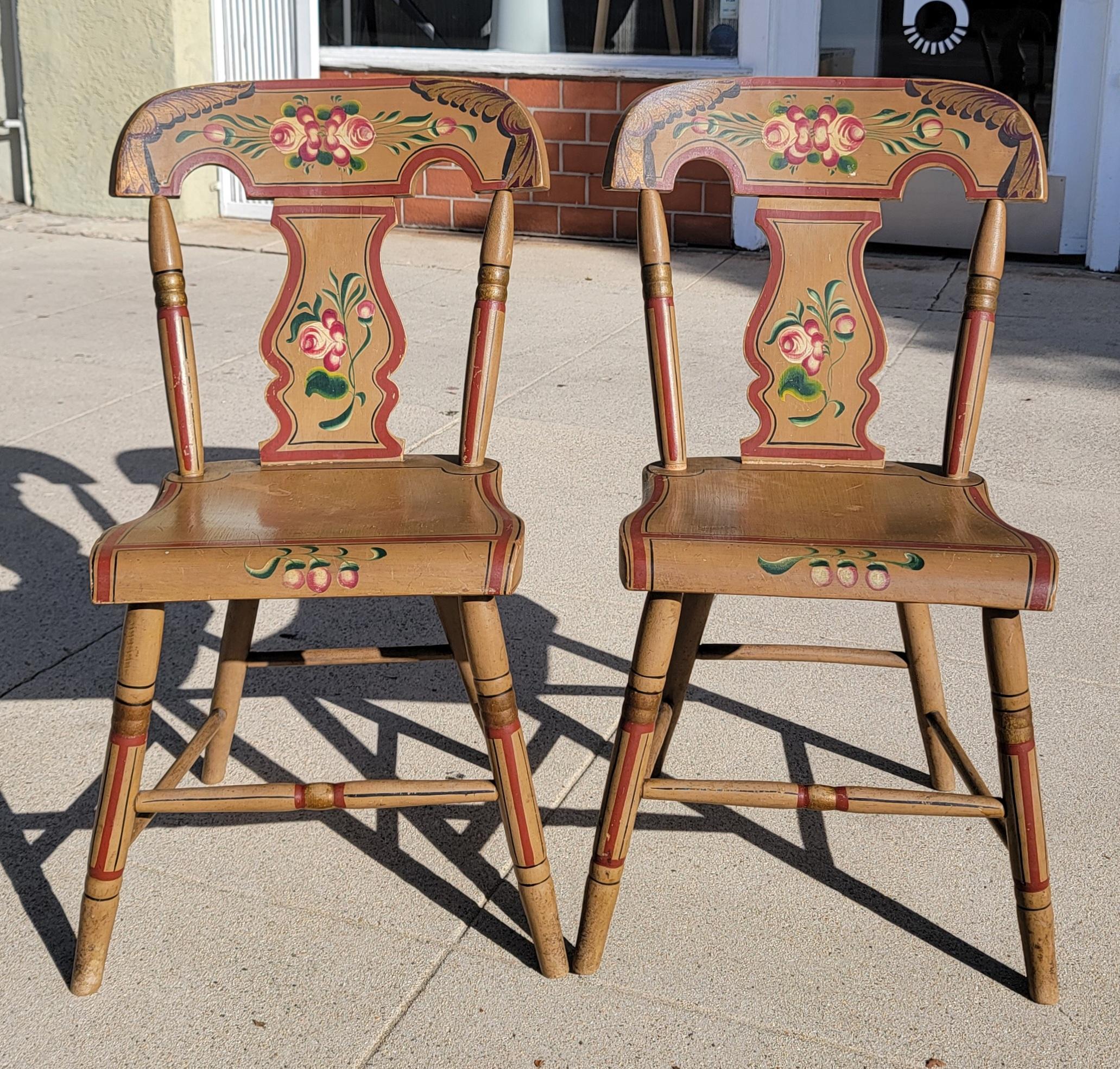Adirondack 19Thc Original Painted Decorated Fiddle Back  Chairs -Set of Six Signed G. Nees For Sale