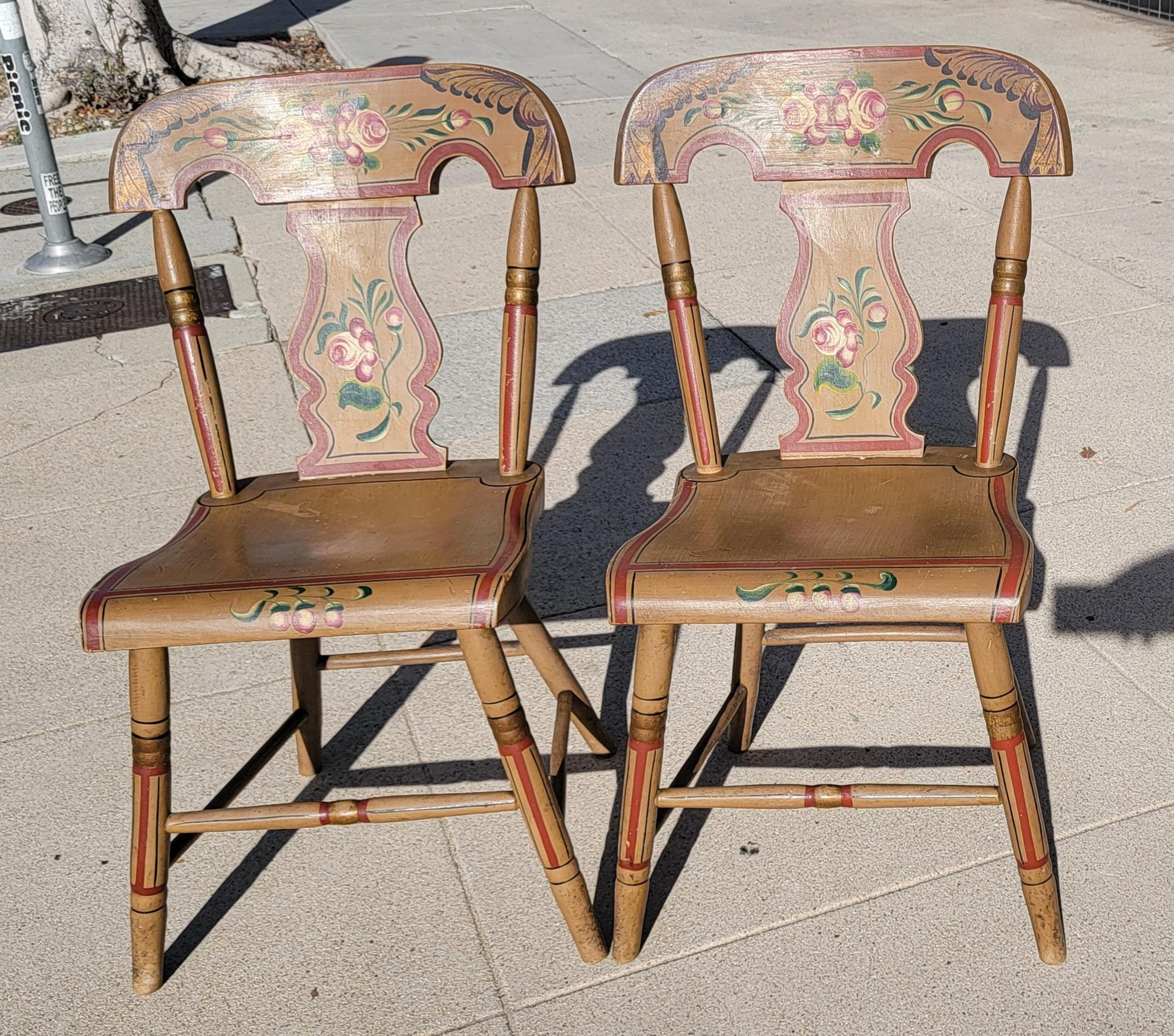 American 19Thc Original Painted Decorated Fiddle Back  Chairs -Set of Six Signed G. Nees For Sale