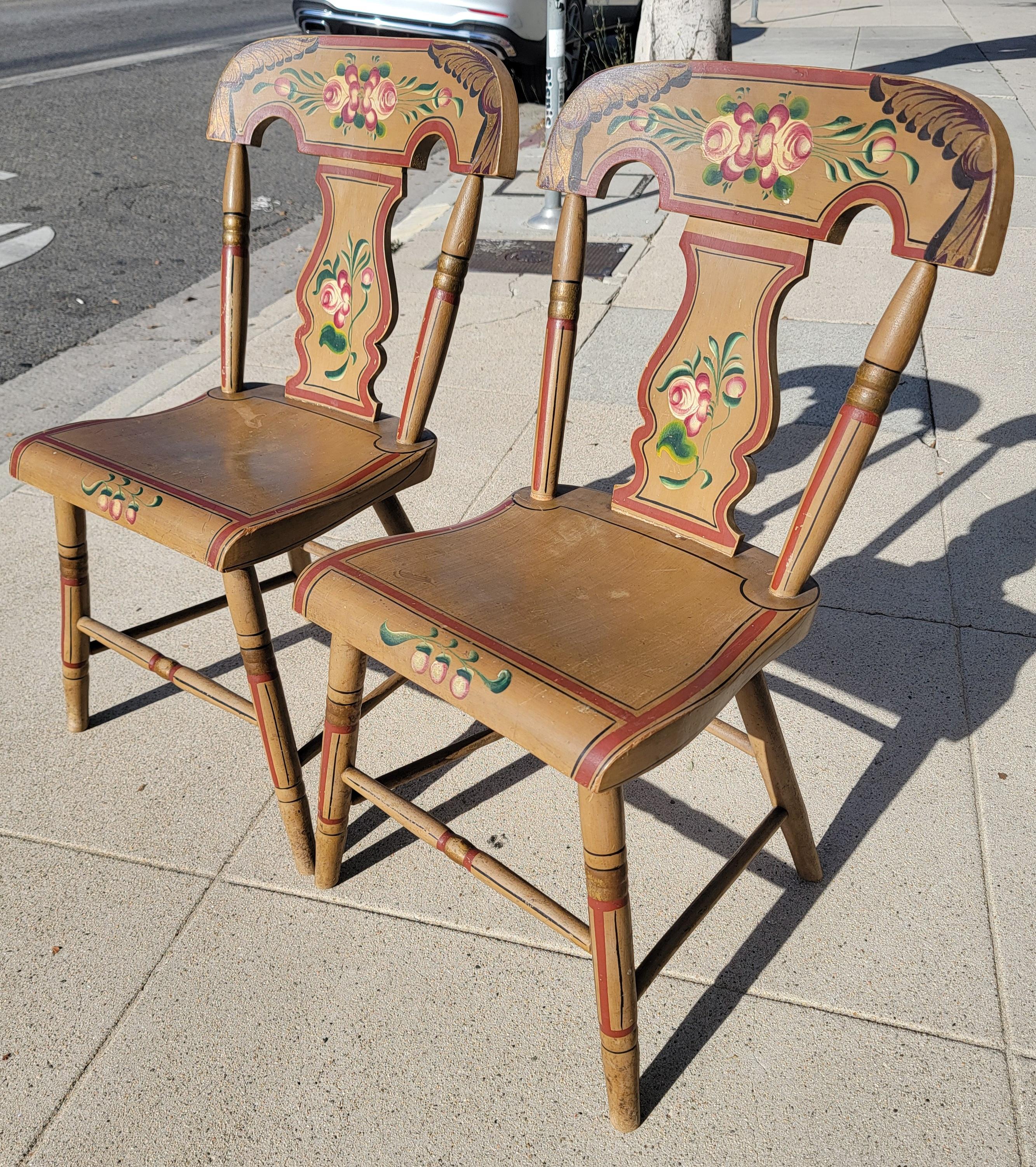 Hand-Painted 19Thc Original Painted Decorated Fiddle Back  Chairs -Set of Six Signed G. Nees For Sale