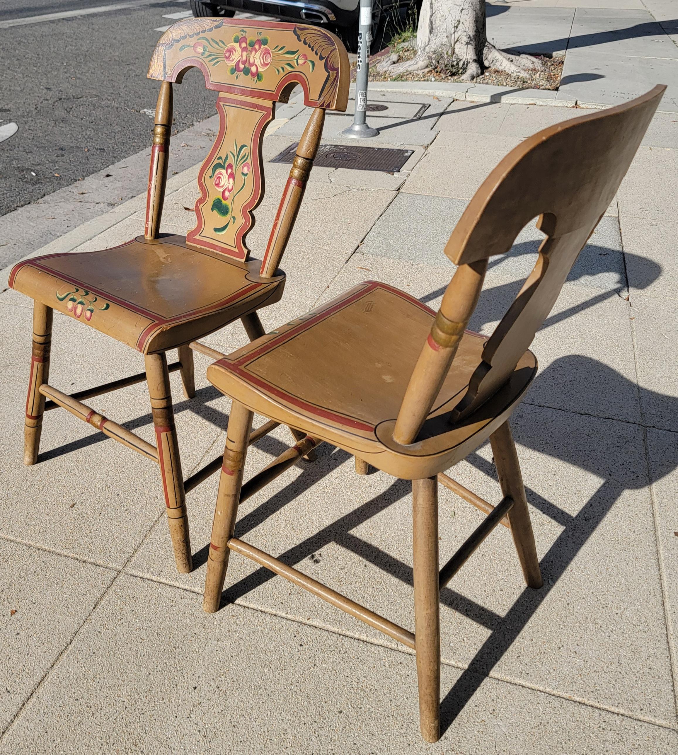 19Thc Original Painted Decorated Fiddle Back  Chairs -Set of Six Signed G. Nees In Good Condition For Sale In Los Angeles, CA