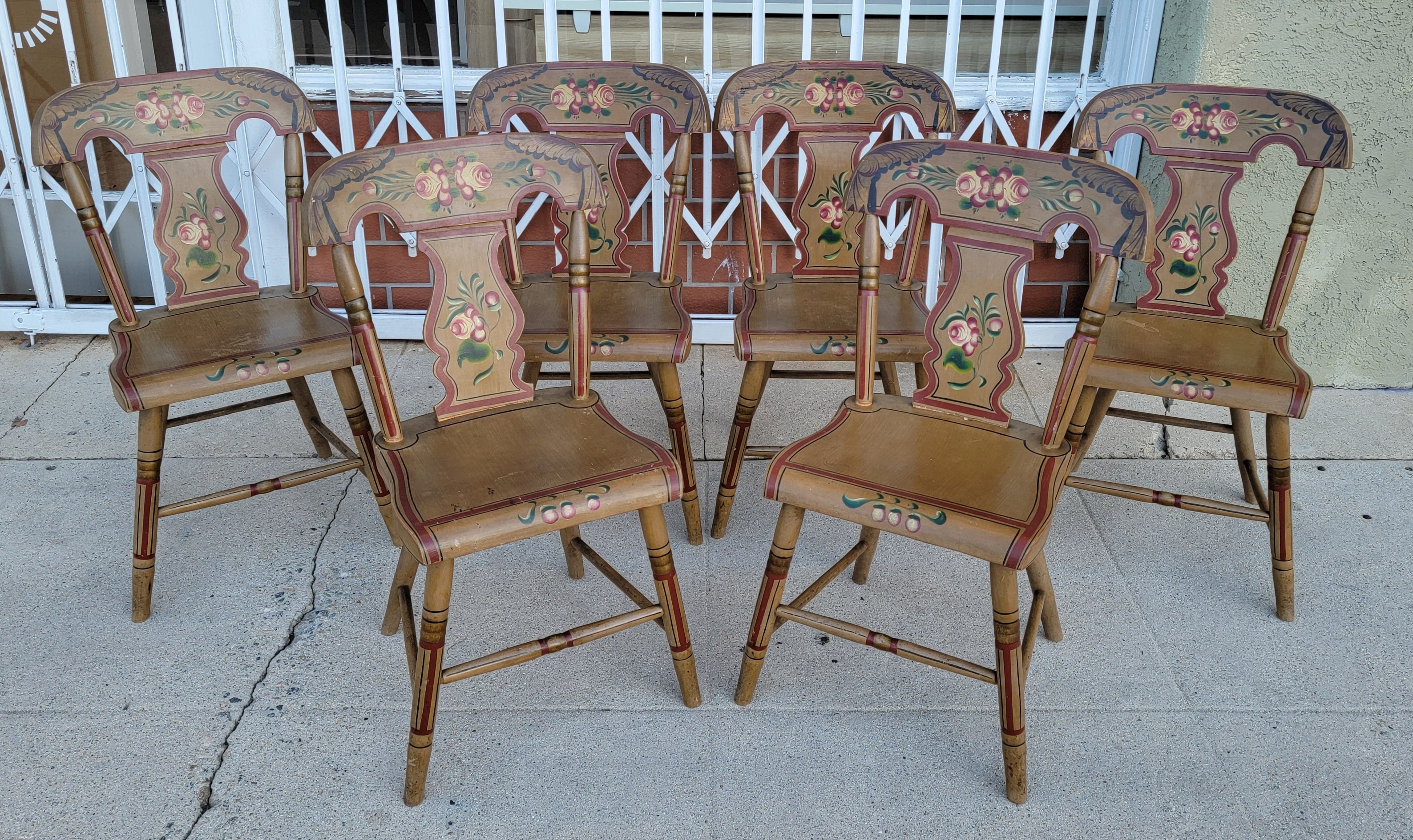 19Thc Original Painted Decorated Fiddle Back  Chairs -Set of Six Signed G. Nees For Sale