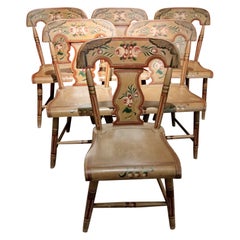 19Thc Original Painted Decorated Fiddle Back  Chairs -Set of Six Signed G. Nees