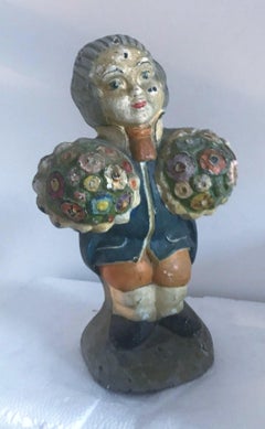 19th Century Original Painted Flower Girl Hubley Iron Door Stop