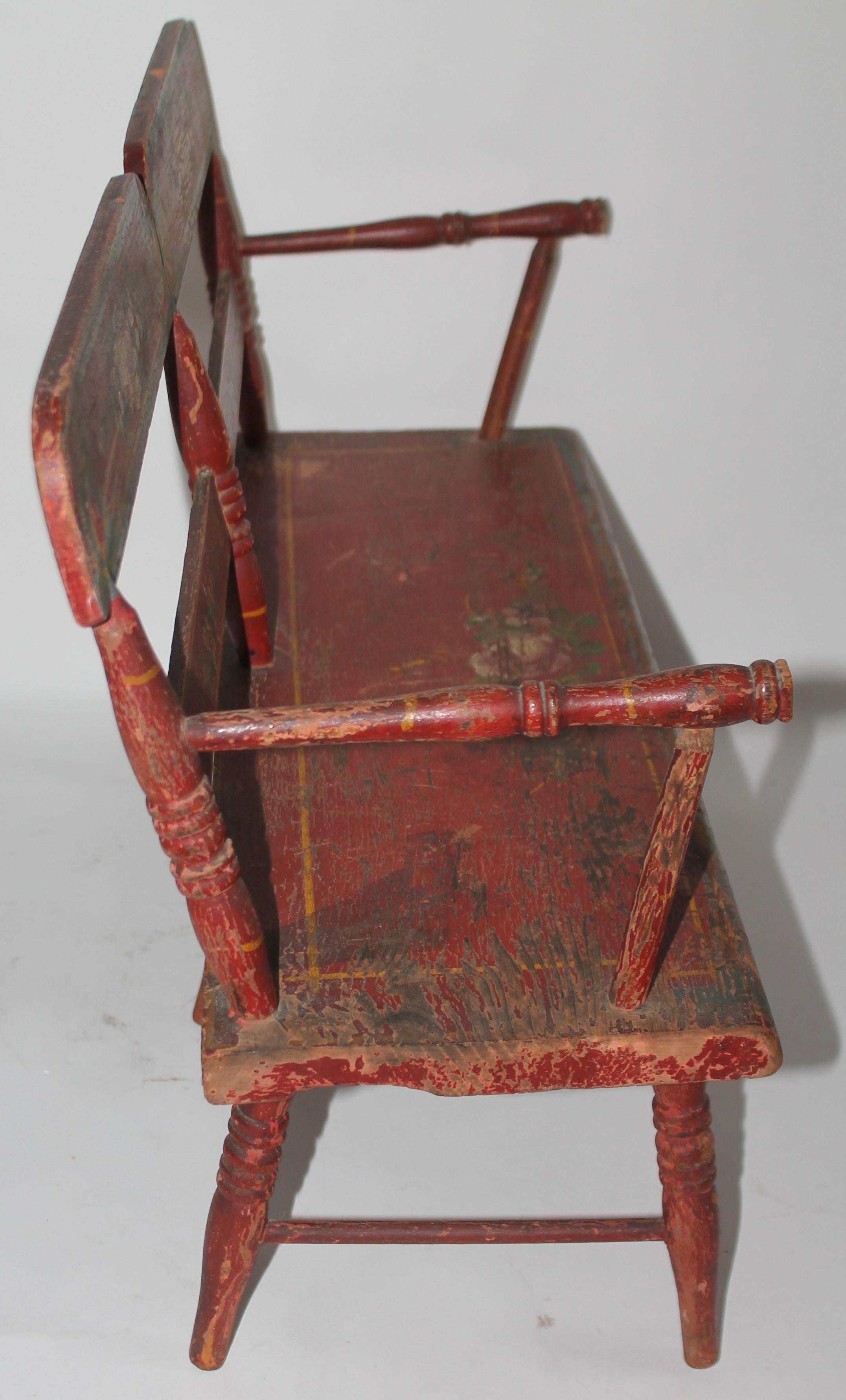 19thc original paint decorated Lancaster county Miniature Settee. Great for a doll or teddy bear collection. Or just setting on a blanket chest in a folk art collection.